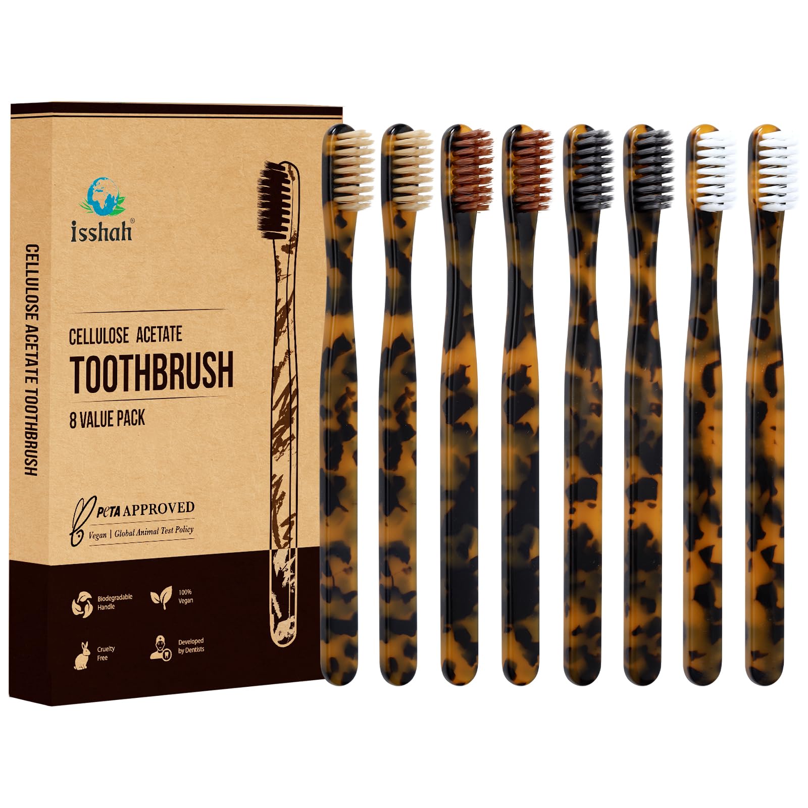 Biodegradable Eco-Friendly Cellulose Acetate Toothbrushes - 8 Pack | Sustainable Bamboo Handle Toothbrush Set for Adults & Kids | Perfect for Travel, Camping & Zero Waste Lifestyle