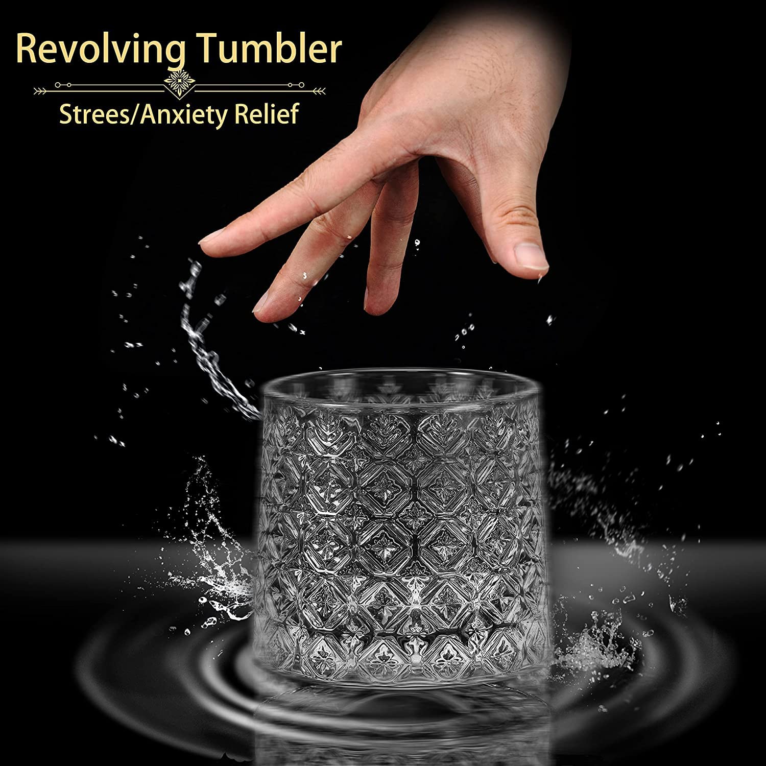 Premium Spinning Crystal Whiskey Glasses 10.8oz (Set of 2) - Large Rotatable Bourbon Glasses with Coasters - Stress Relief Tumbler for Scotch, Cocktails & Coffee - Perfect Father's Day Gift for Home Bar, Office or Relaxation