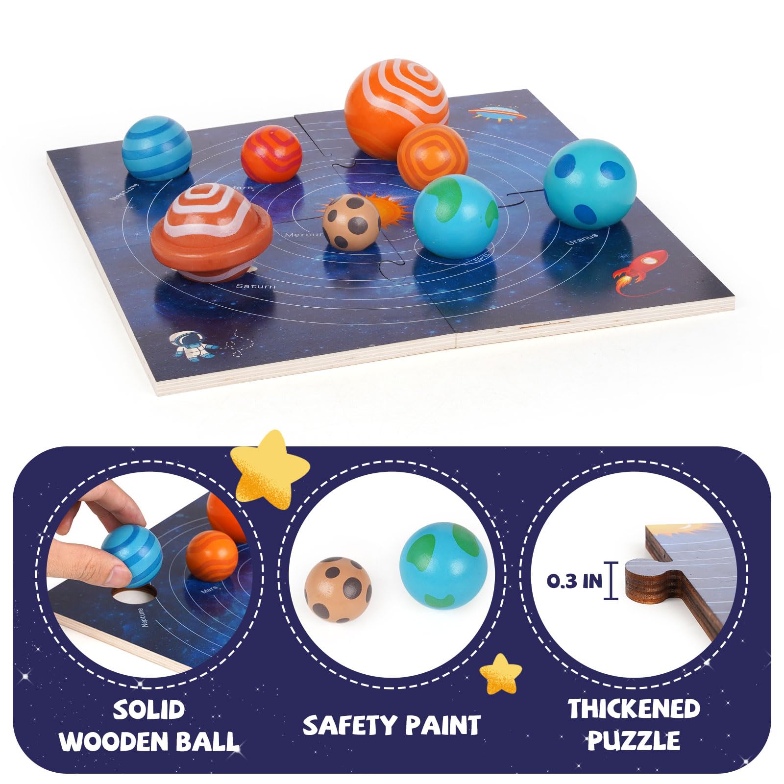 Wooden Solar System Model & Planet Puzzle for Kids - Montessori STEM Learning Toy, Preschool Science Board Game, Educational Space Puzzle Gift for Toddlers - Perfect for Classroom, Homeschooling & Birthday Presents