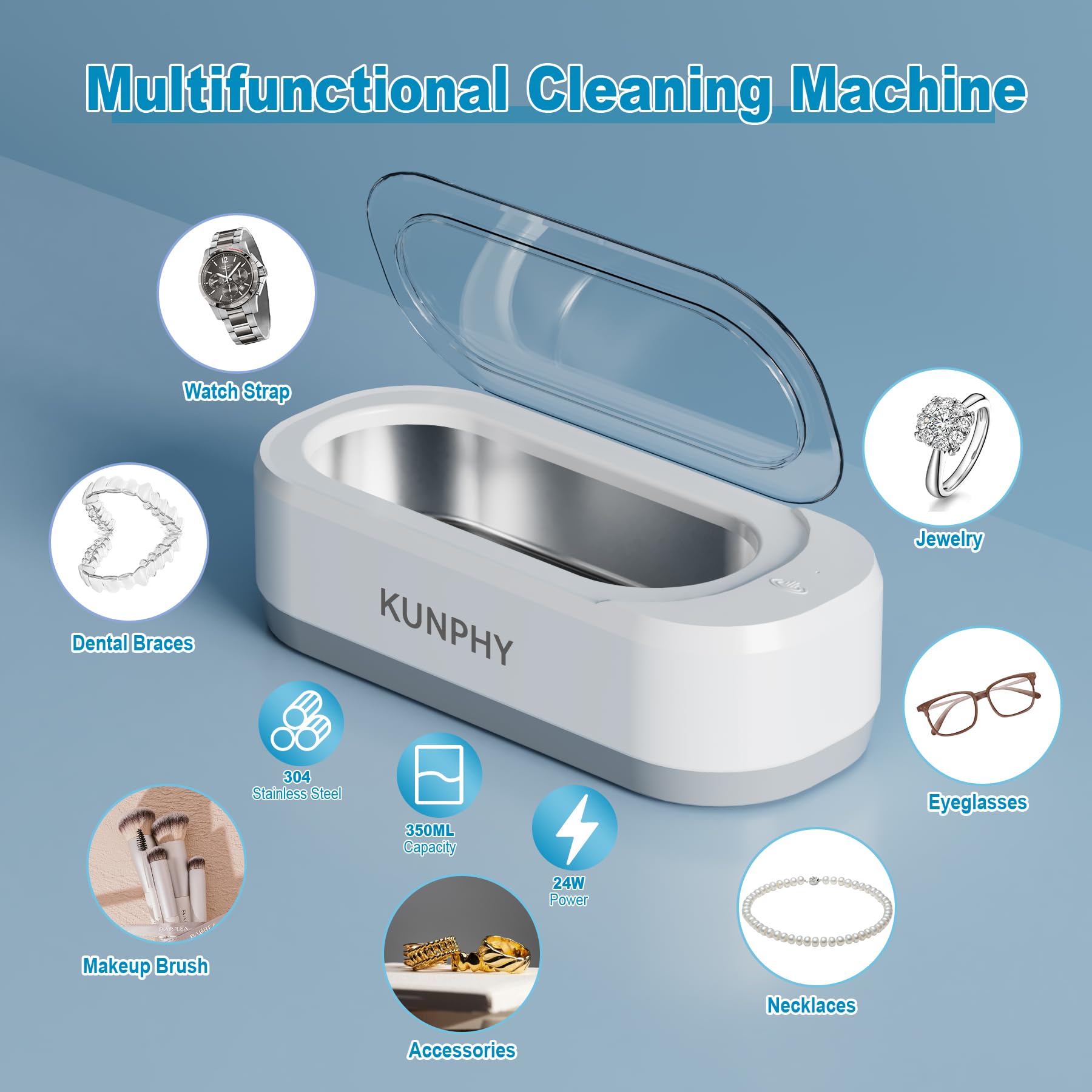 KUNPHY Ultrasonic Jewelry Cleaner Machine - 46KHZ Professional Sonic Cleaner with 12OZ Capacity & 50ml Cleaning Solution - One-Touch Operation for Jewelry, Eyeglasses, Rings, Watches - Perfect for Home, Travel & Jewelry Store Cleaning Needs