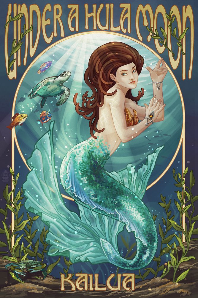 Kailua Hawaii Under a Hula Moon Mermaid 44148 - 24x36 Signed Master Art Print, Wall Decor Poster - Perfect for Beach House, Bedroom & Boho Home Decor