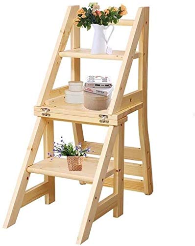 Solid Wood Folding Step Stool with Backrest - 4-Step Space Saving Ladder Stool for Home, Kitchen, Bathroom & Closet Organization - Multi-Functional Brown Step Stool for Adults & Kids
