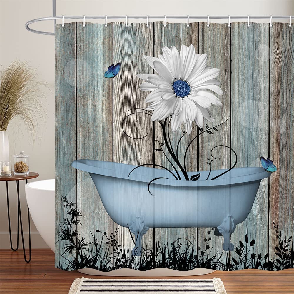 Farmhouse Floral Shower Curtain - Blue Daisy Bathtub Design on Rustic Wood Background, Vintage Botanical Bathroom Decor (36x70 Inches) - Perfect for Country Style Bathrooms & Cottagecore Aesthetic