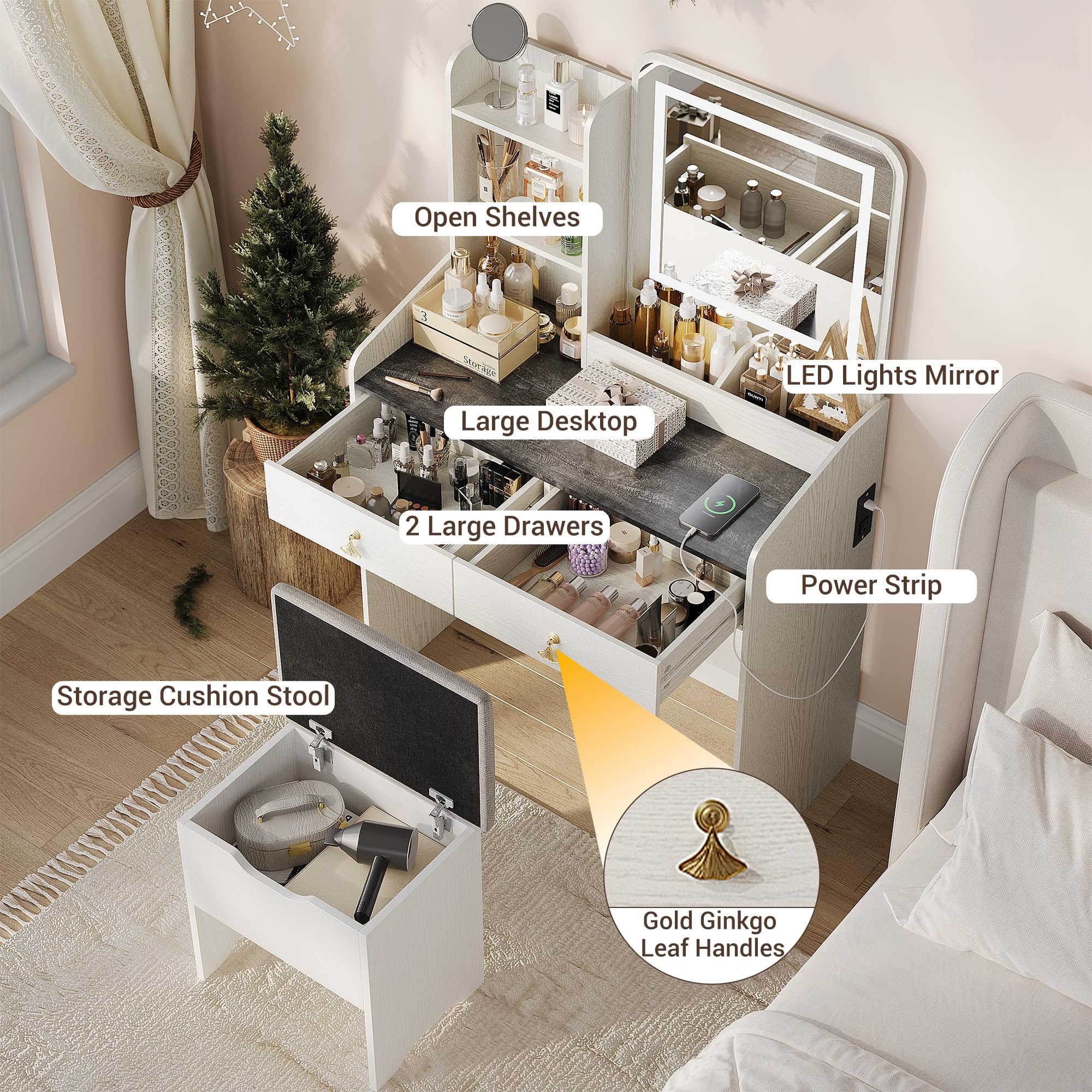 Vanity Desk with LED Light Mirror & USB Charging Station, Small Makeup Vanity Set with 2 Drawers & Storage Stool for Women Girls - White & Grey Tabletop | Perfect for Bedroom, Dorm Room & Beauty Salon