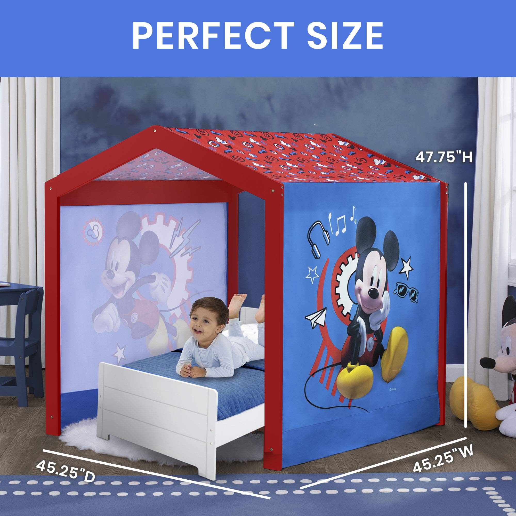 Disney Mickey Mouse Indoor Playhouse with Fabric Tent & MySize Wood Toddler Bed by Delta Children - White - Perfect for Kids' Bedroom, Playroom & Indoor Playtime