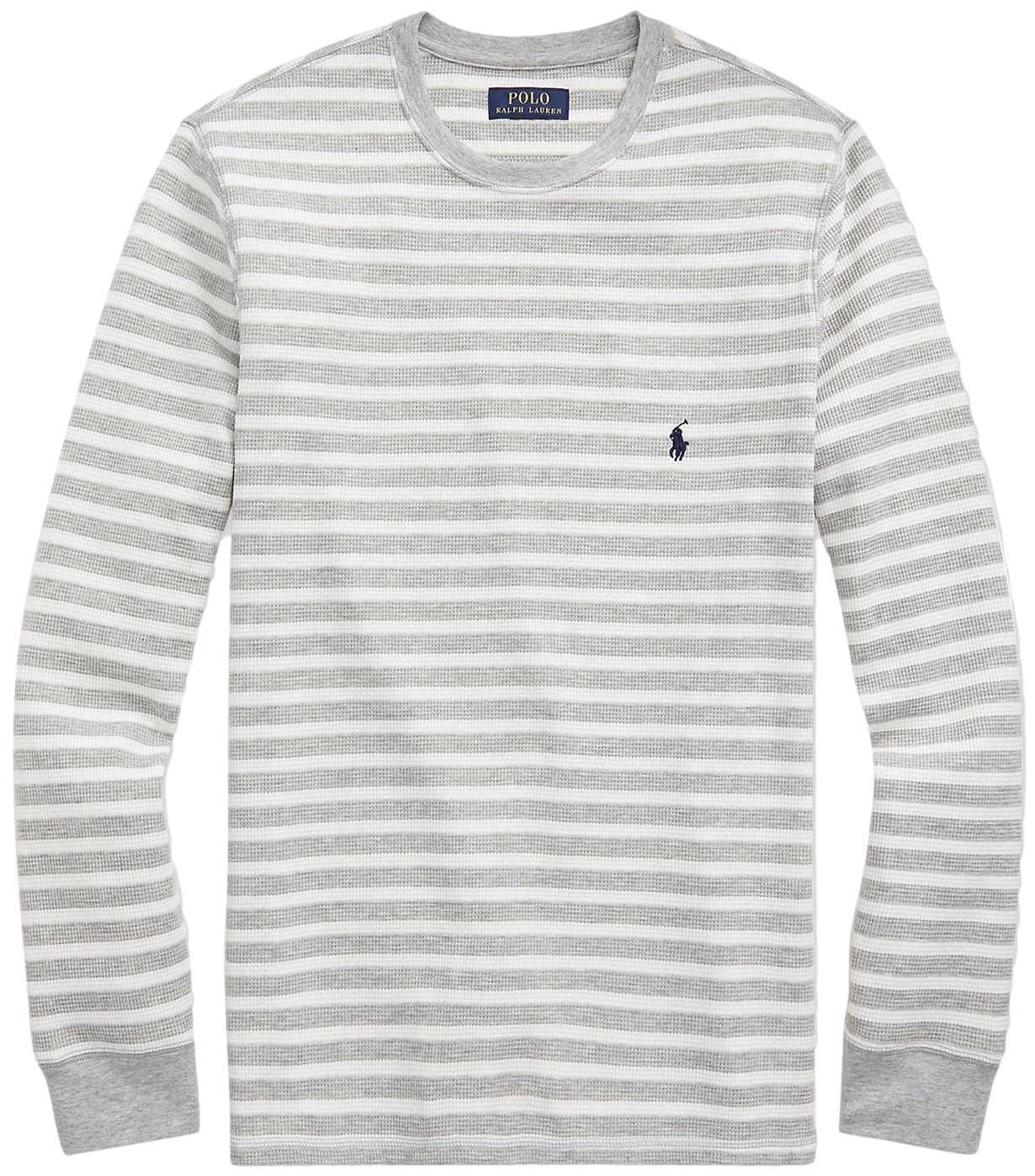 Polo Ralph Lauren Men's Long Sleeve Waffle Knit Crewneck Sleep Shirt - Comfortable Grey Stripe Loungewear for Relaxing at Home & Travel, Size L