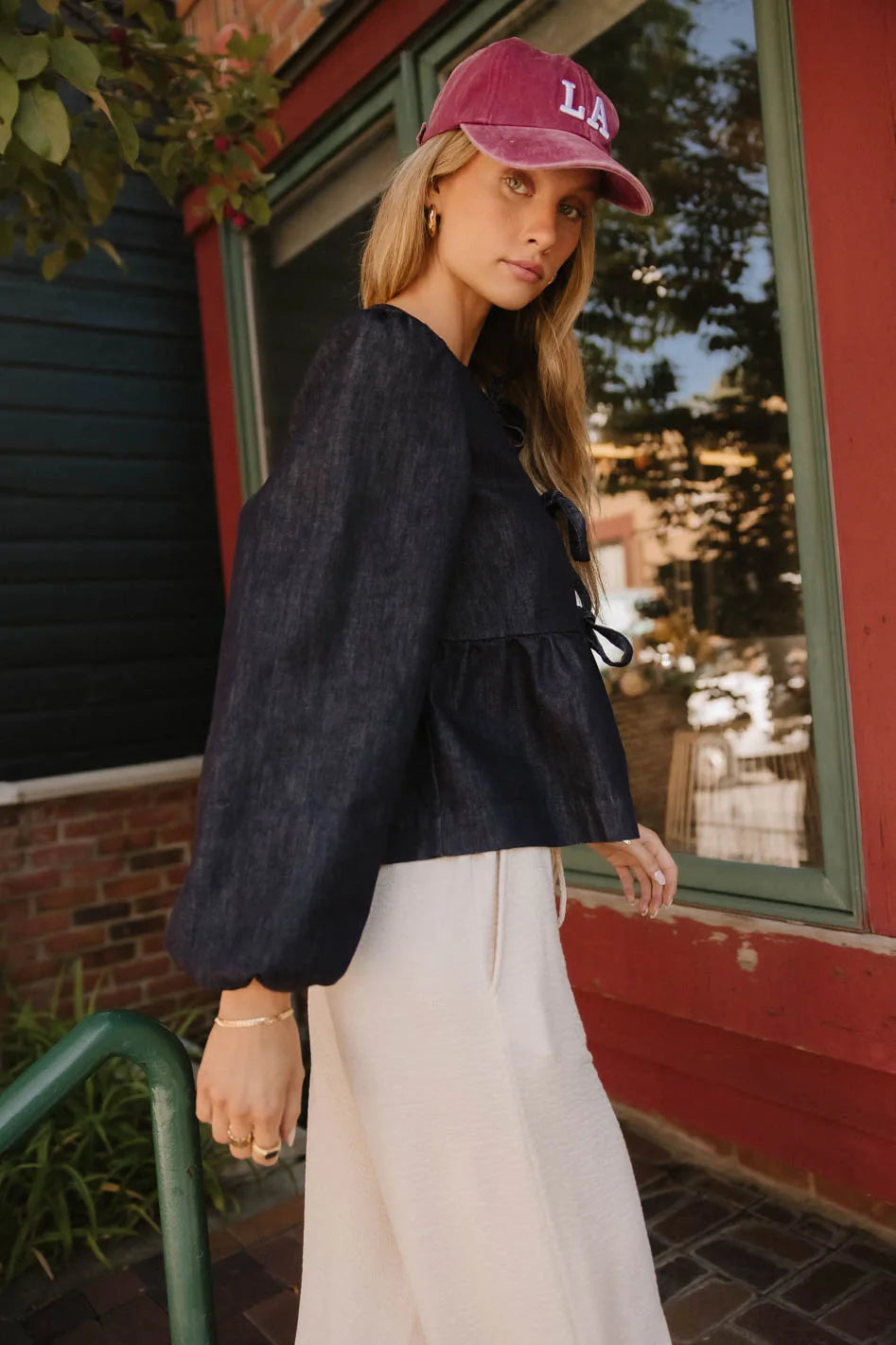 Stylish Maggie Peplum Tie Blouse - Dark Wash Women's Tops | Perfect for Office Wear, Date Nights & Casual Outfits | FINAL SALE