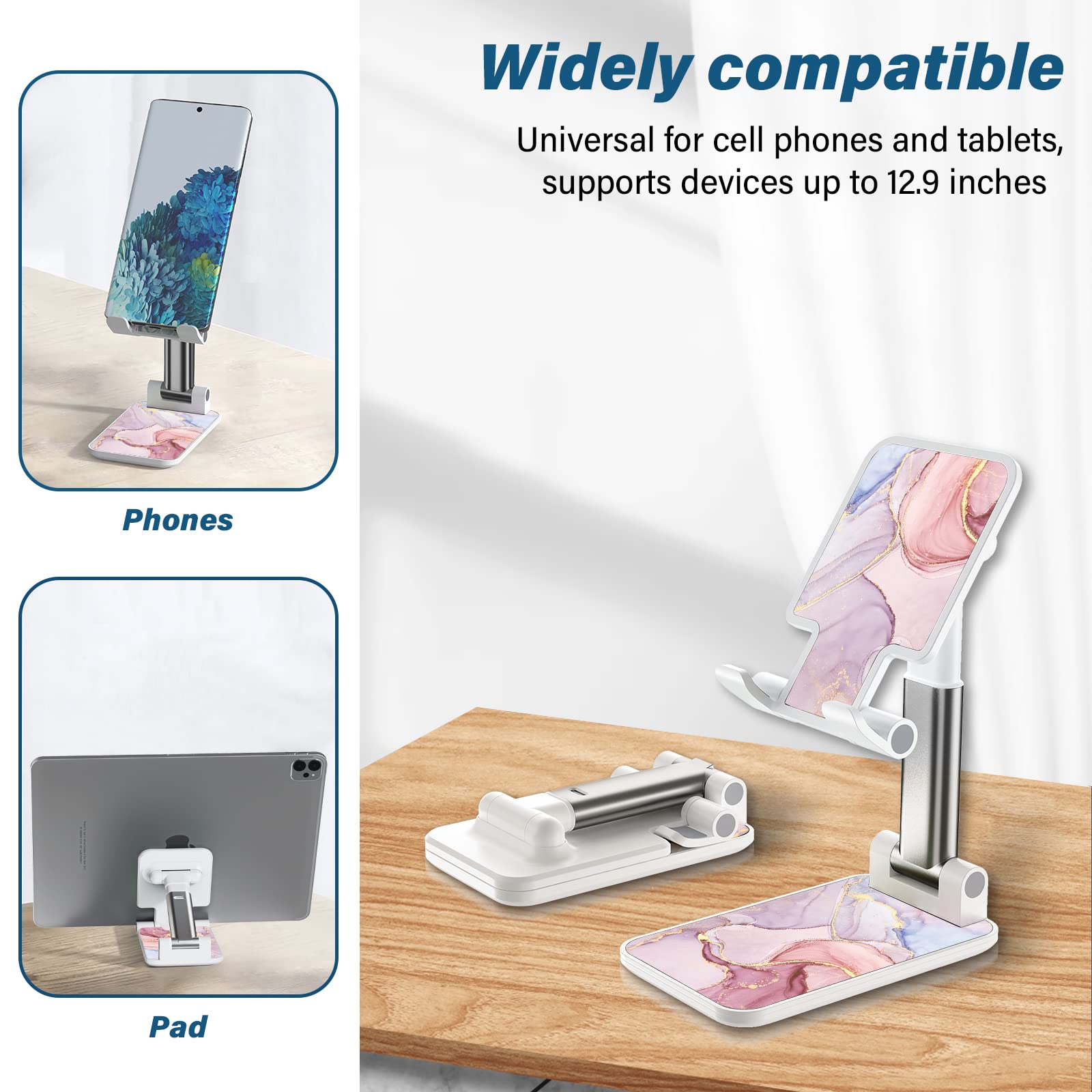 Adjustable Foldable Phone Stand for Desk - Multi-Angle View Phone Holder for iPhone, Samsung, iPad & Smartphones - Pink Marble Design - Perfect for Office, Home, Video Calls & Hands-Free Watching