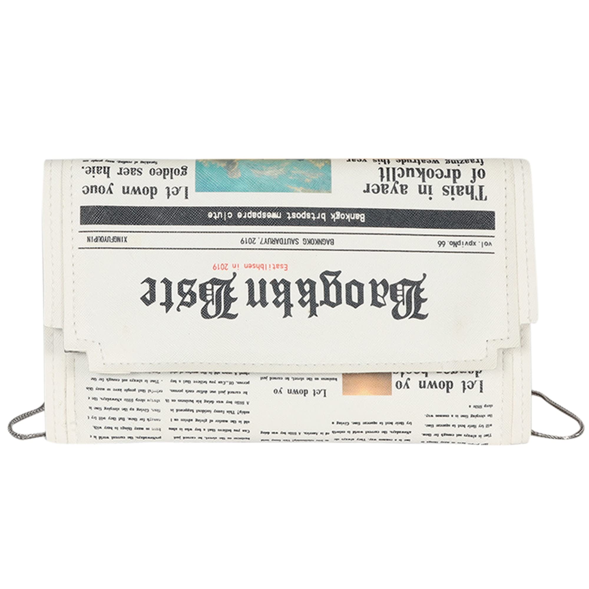 Van Caro Women's Fashion Newspaper Print Evening Handbag - PU Leather Envelope Clutch Crossbody Shoulder Purse with Chain Strap for Party, Wedding & Night Out
