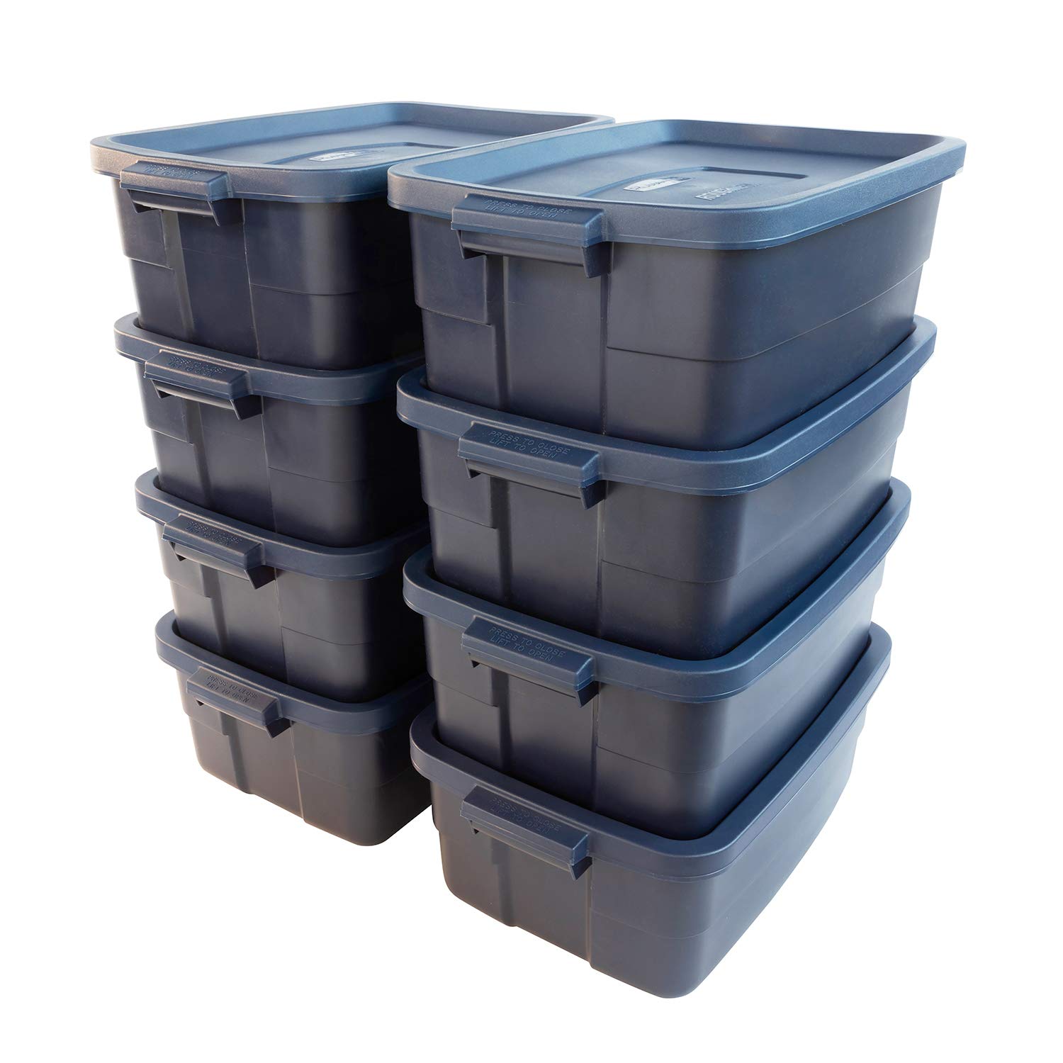 Rubbermaid Roughneck 10 Gallon Storage Tote - 8 Pack, Heavy Duty Plastic Stackable Bins with Lids & Handles, Made in USA, Dark Indigo Metallic - Perfect for Garage Organization, Home Storage & Moving Supplies