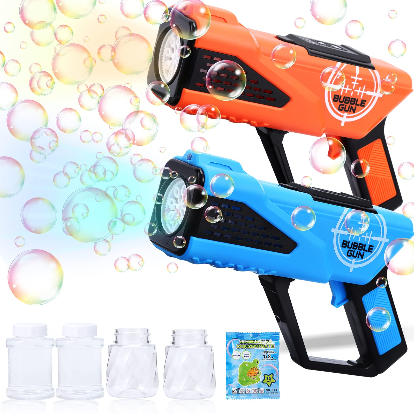 2-Pack Bubble Guns with LED Lights - 8-Hole Automatic Bubble Blower for Kids, Toddlers Boys & Girls - Summer Outdoor Party Toys, Birthday Favors (Orange + Blue) - Perfect for Backyard Play, Beach Trips, and Birthday Celebrations