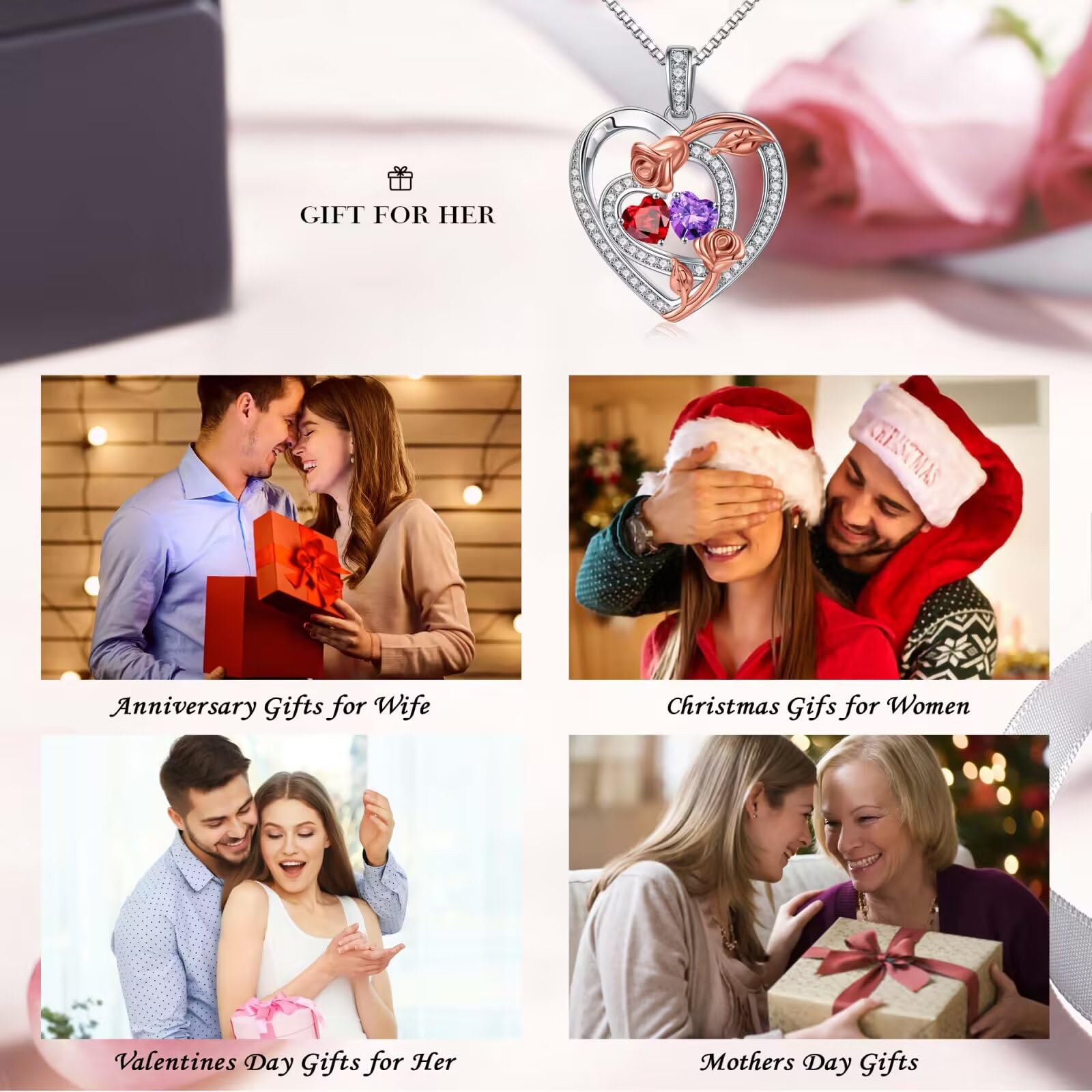 925 Sterling Silver Rose Heart Birthstone Necklace for Women - Personalized Jewelry Gift for Wife, Girlfriend, Mom | Anniversary, Birthday, Mother's Day Present | Elegant Necklace for Everyday Wear & Special Occasions