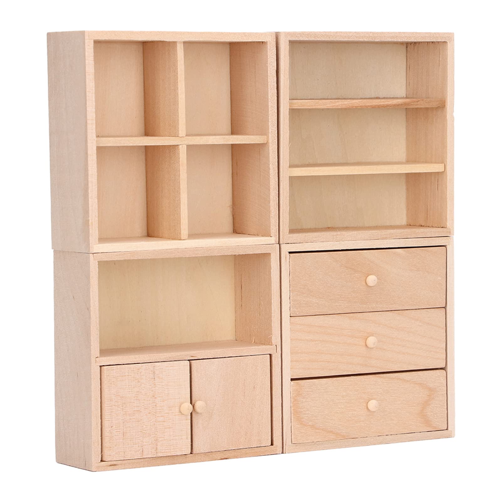1/12 Scale Miniature Wooden Dollhouse Cabinet Set - 4 Pcs Dollhouse Furniture with Shelves for DIY Dollhouse Decor & Miniature Room Scenes