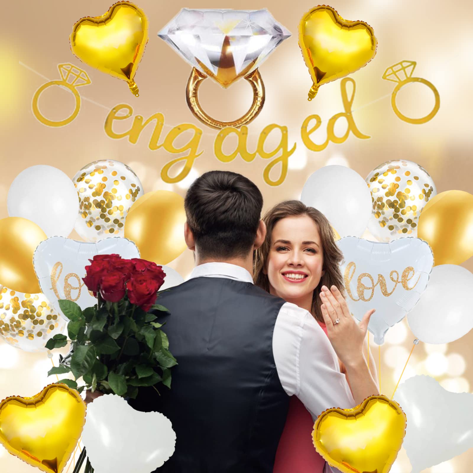 Gold & Diamond Wedding Ring Balloons - Elegant Engagement Party Decorations for Bachelorette, Bridal Shower & Wedding Celebrations | Perfect for Romantic Proposals & Anniversary Decor