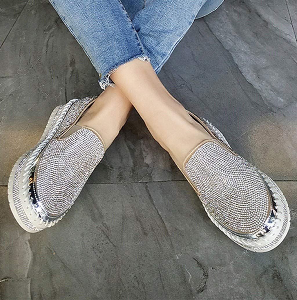 Nevera Silver Rhinestone Loafers for Women - Fashion Platform Slip-On Flats with Bling Round Toe | Perfect for Casual Wear, Office, and Party Outfits