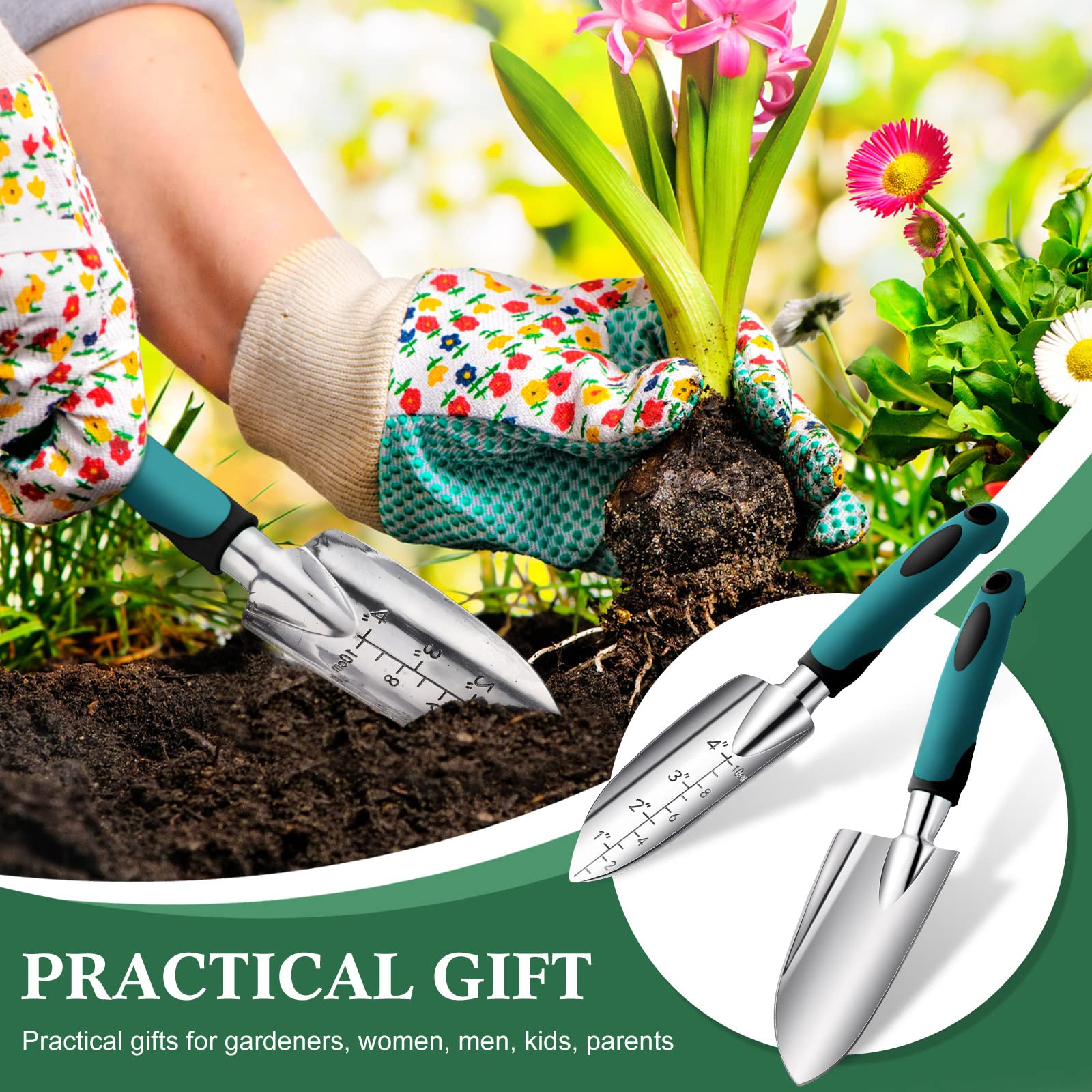 **Honoson Aluminum Alloy Garden Hand Trowel with Measurements & Rubber Handle - Small Gardening Shovel for Planting, Cultivating, Transplanting - Perfect for Home Gardens, Flower Beds, and Potted Plants**