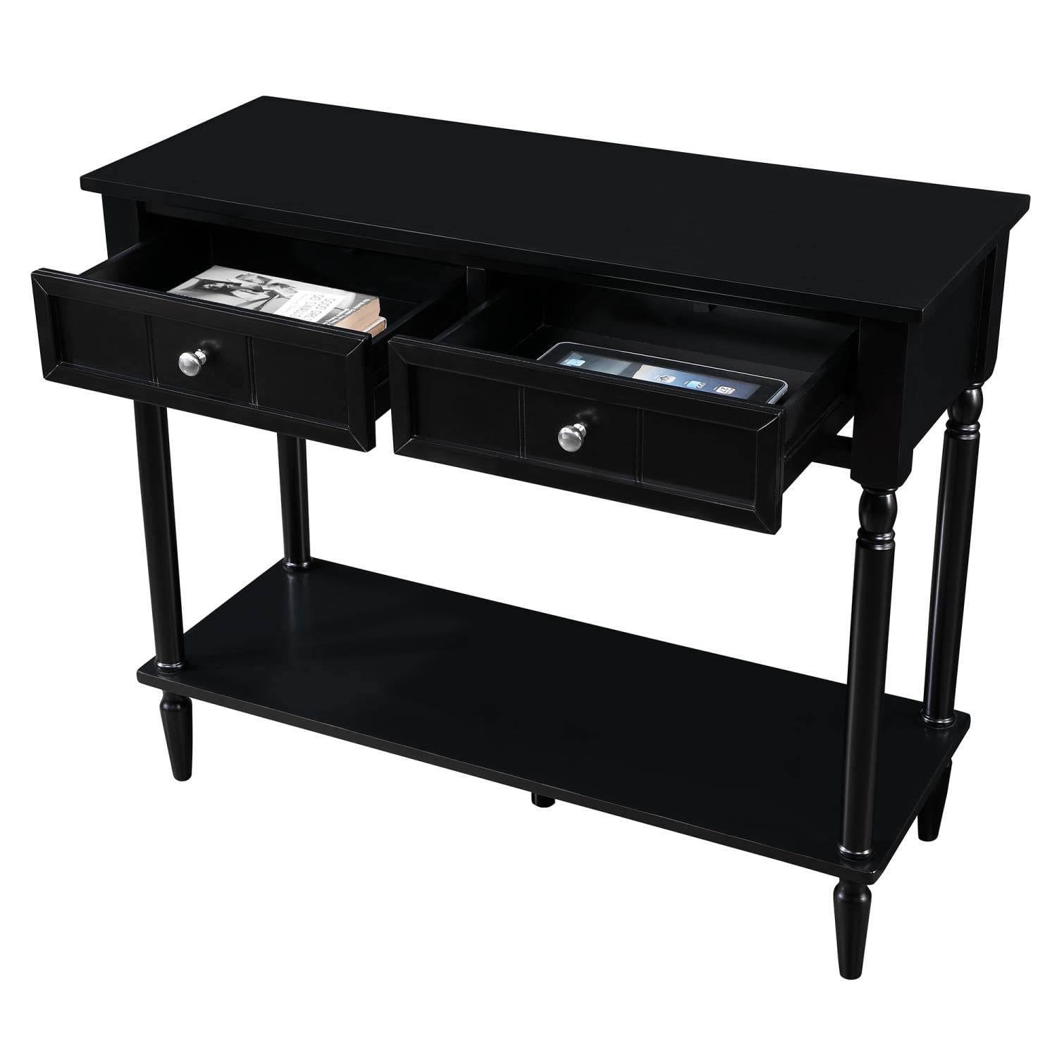 French Country 2-Drawer Hall Table with Shelf - Black Wooden Entryway Console Table for Living Room, Bedroom & Foyer | Rustic Home Decor & Storage Solution