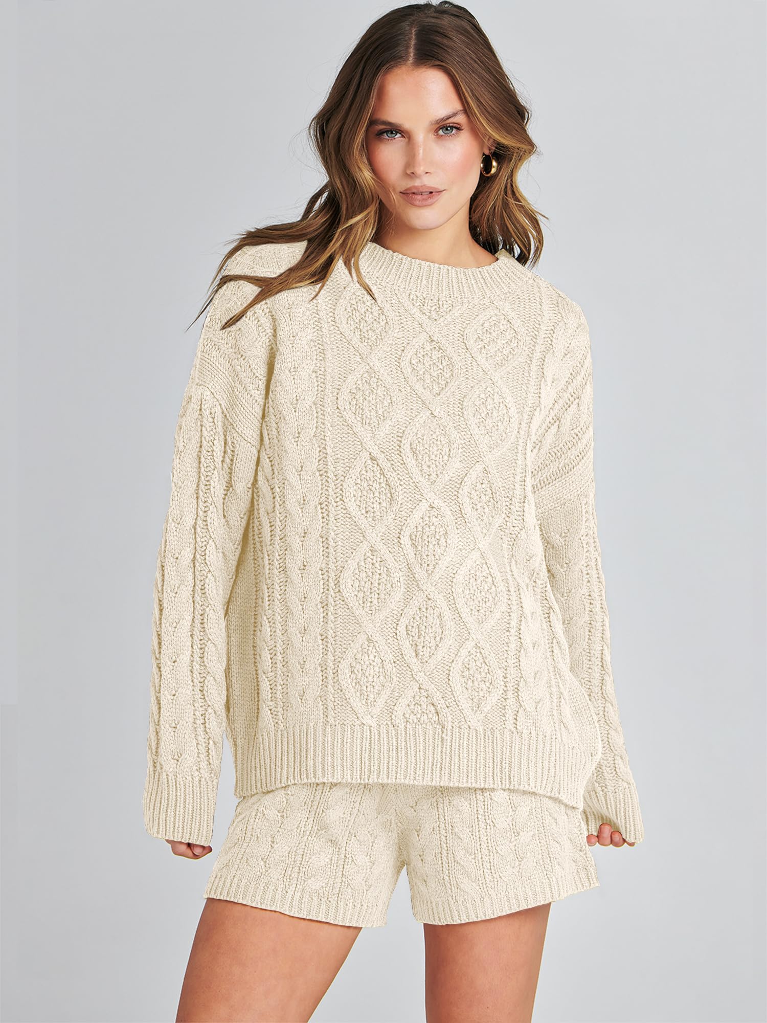 ANRABESS Women's 2-Piece Cable Knit Sweater Lounge Set - Oversized Fall Sweater & Shorts Matching Outfit | Cozy Loungewear for Home, Casual Wear & Autumn Fashion