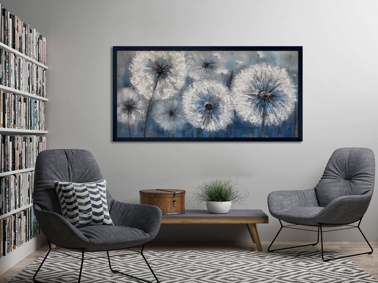 Blue Dandelion Canvas Wall Art - Large Framed Modern Flower Painting (29x58 Inches) for Living Room, Bedroom Decor - Perfect Above Bed, Sofa or Office Wall Decor