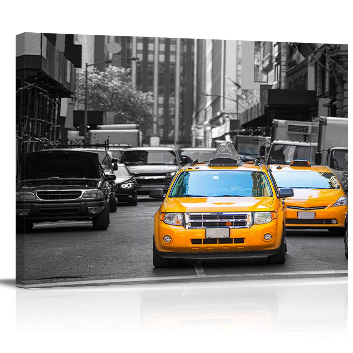 Framed Canvas Wall Art - Yellow Taxi & Black Commercial Building Manhattan Cityscape Painting - Stretched & Framed Artwork for Bathroom, Bedroom & Home Decor | Urban Office Wall Decor, Gift for New York Lovers