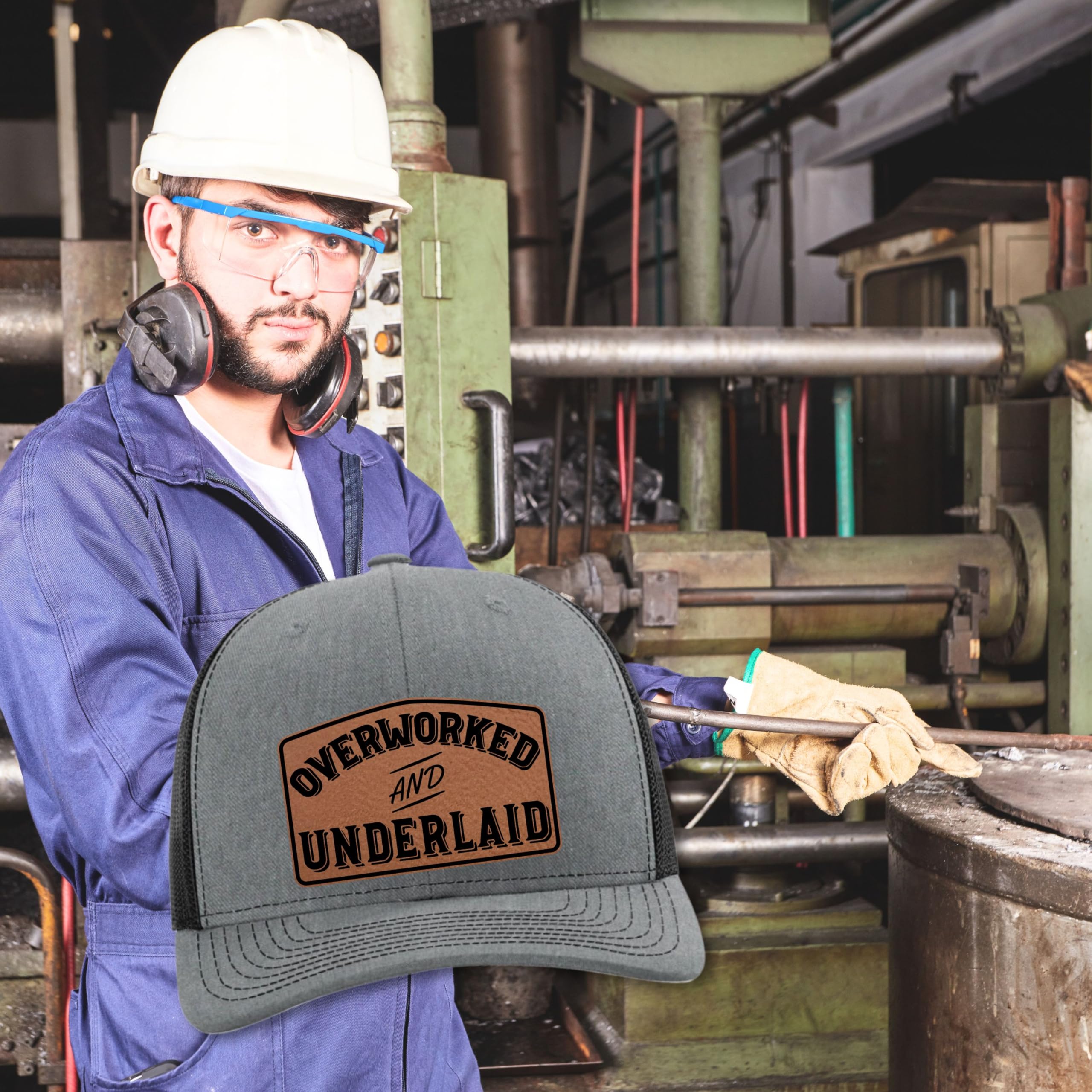 Funny Dad Hats for Men - Overworked & Underpaid Trucker Hat with Leather Patch - Perfect Father's Day Gift from Wife - Great for Grilling, Golfing & Casual Wear 2024