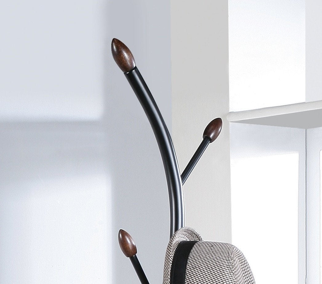 Roundhill Furniture Arles Metal Standing Coat Rack - Black & Walnut Finish | Freestanding Entryway Organizer for Hats, Jackets & Umbrellas | Perfect for Home, Office & Mudroom Storage
