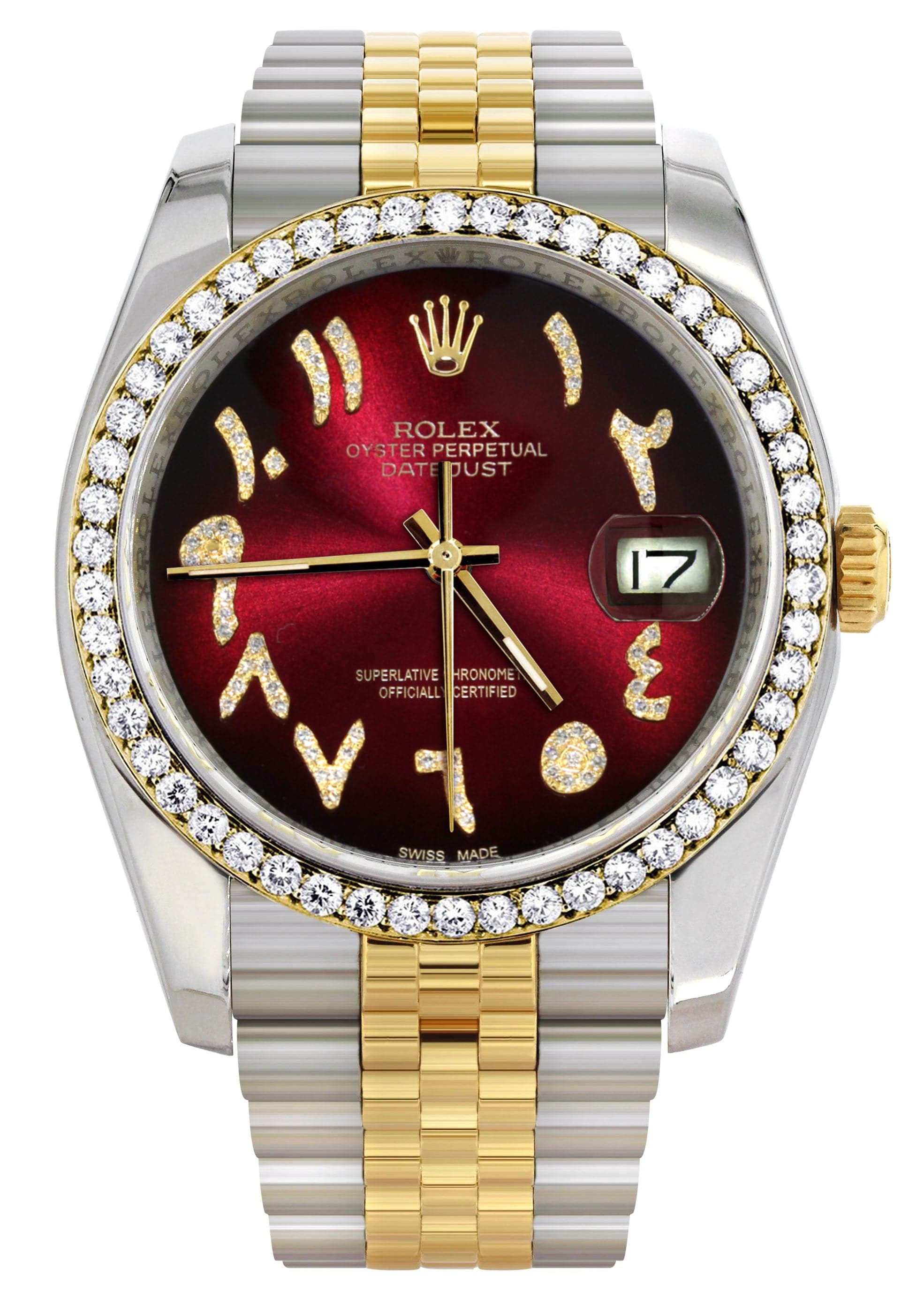 Rolex Datejust 36mm Men's Watch - 18K Gold & Stainless Steel, Red & Black Arabic Diamond Dial, Jubilee Bracelet with Hidden Clasp - Luxury Dress Watch for Business & Formal Occasions