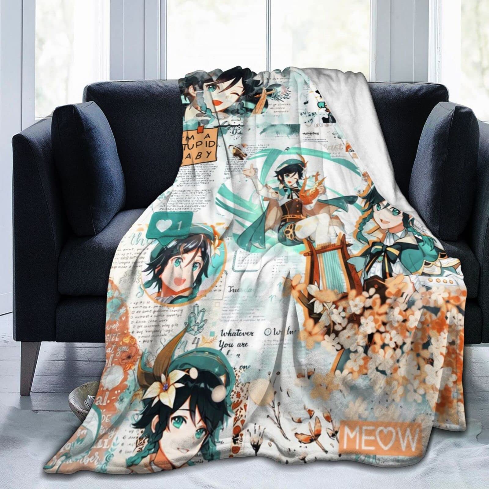 Genshin Impact Venti Flannel Throw Blanket - Soft Lightweight Air Conditioner Blanket (50x40 Inches) - No Pilling Luxury Shaggy Blanket for Camping, Travel, Sleeping & Home Decor - Anime Gaming Gift for Fans
