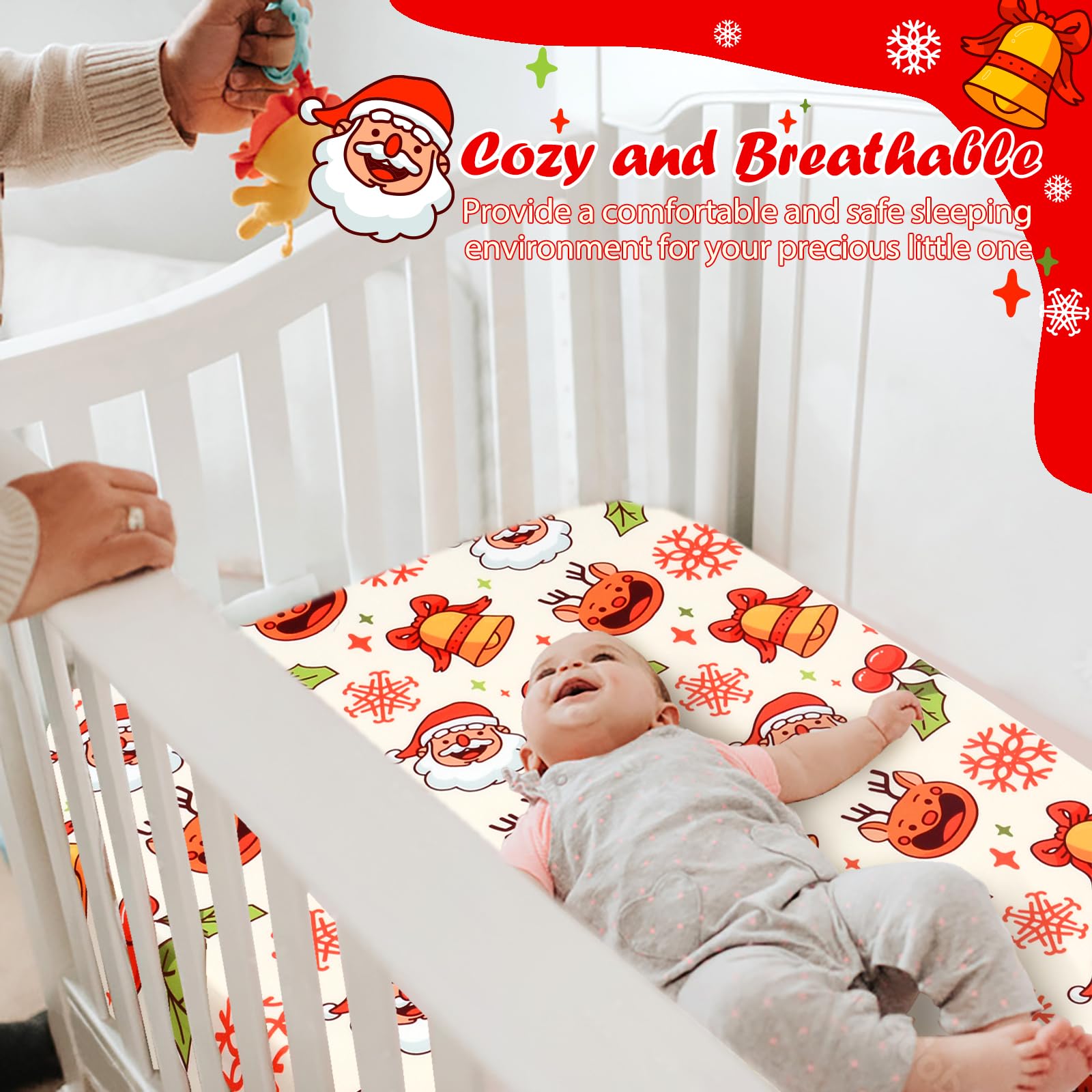 JISEN Christmas Santa Claus Fitted Crib Sheet - Soft Breathable Baby Bed Sheet for Boys & Girls (52x28 Inch) | Neutral Deer Design for Standard Crib & Toddler Mattress | Perfect for Nursery, Holiday Decor & Baby Shower Gifts