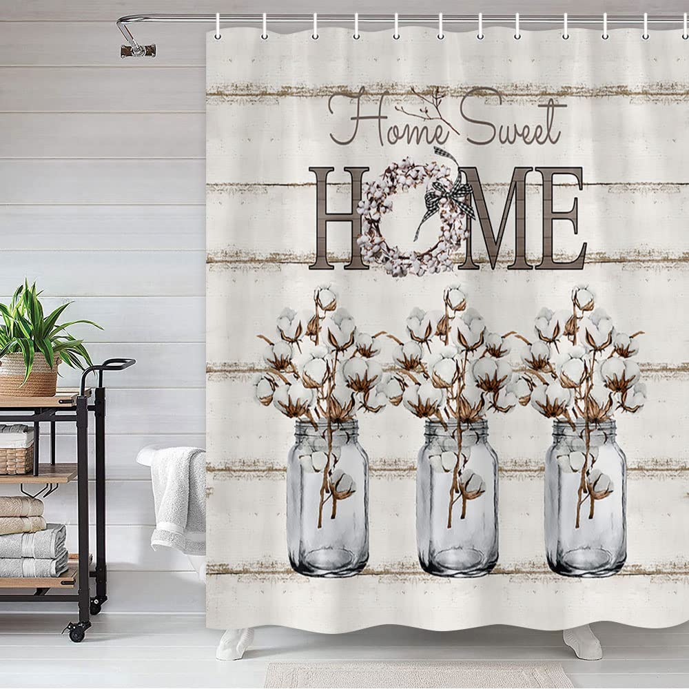 Farmhouse Floral Shower Curtain - Cotton Flower Print on Rustic Wood Plank Design, Gray & White Fabric Bathroom Curtain with Hooks (54x70) - Perfect for Country, Modern & Barnwood Style Bathroom Decor