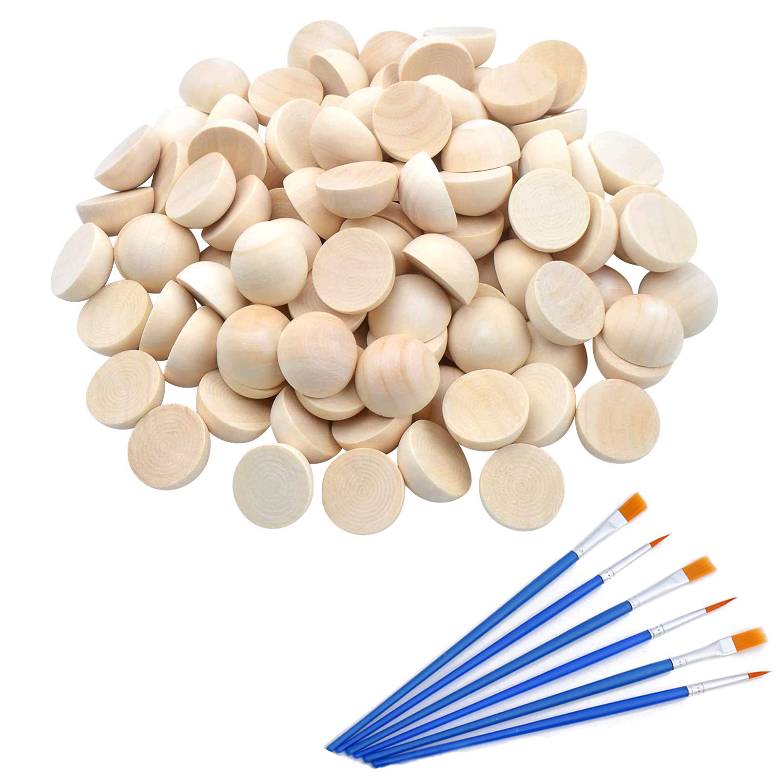 120 Pcs 15mm Unfinished Half Wood Balls - Natural Wooden Craft Supplies for DIY Projects, Home Decor, Scrapbooking & Wedding Decorations - Includes 6 Pcs Nylon Paint Brushes for Easy Painting