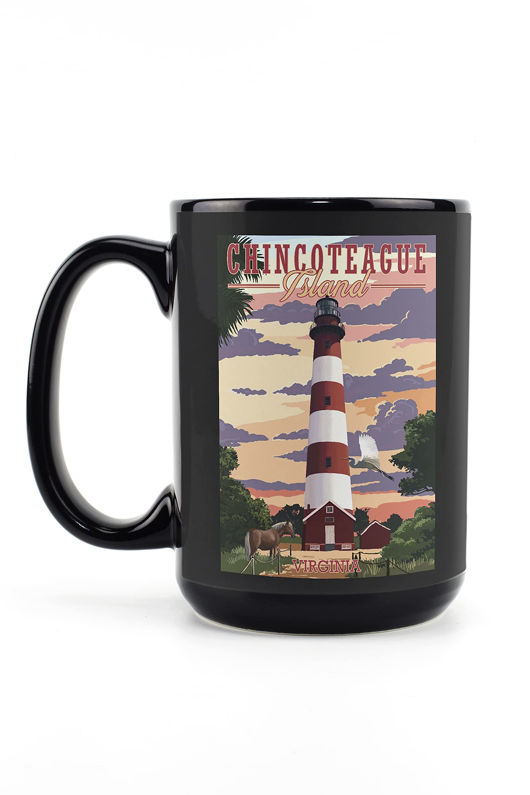 15oz Black Ceramic Coffee Mug - Chincoteague Virginia Lighthouse Design - Microwave & Dishwasher Safe - Perfect for Home, Office & Gift Giving