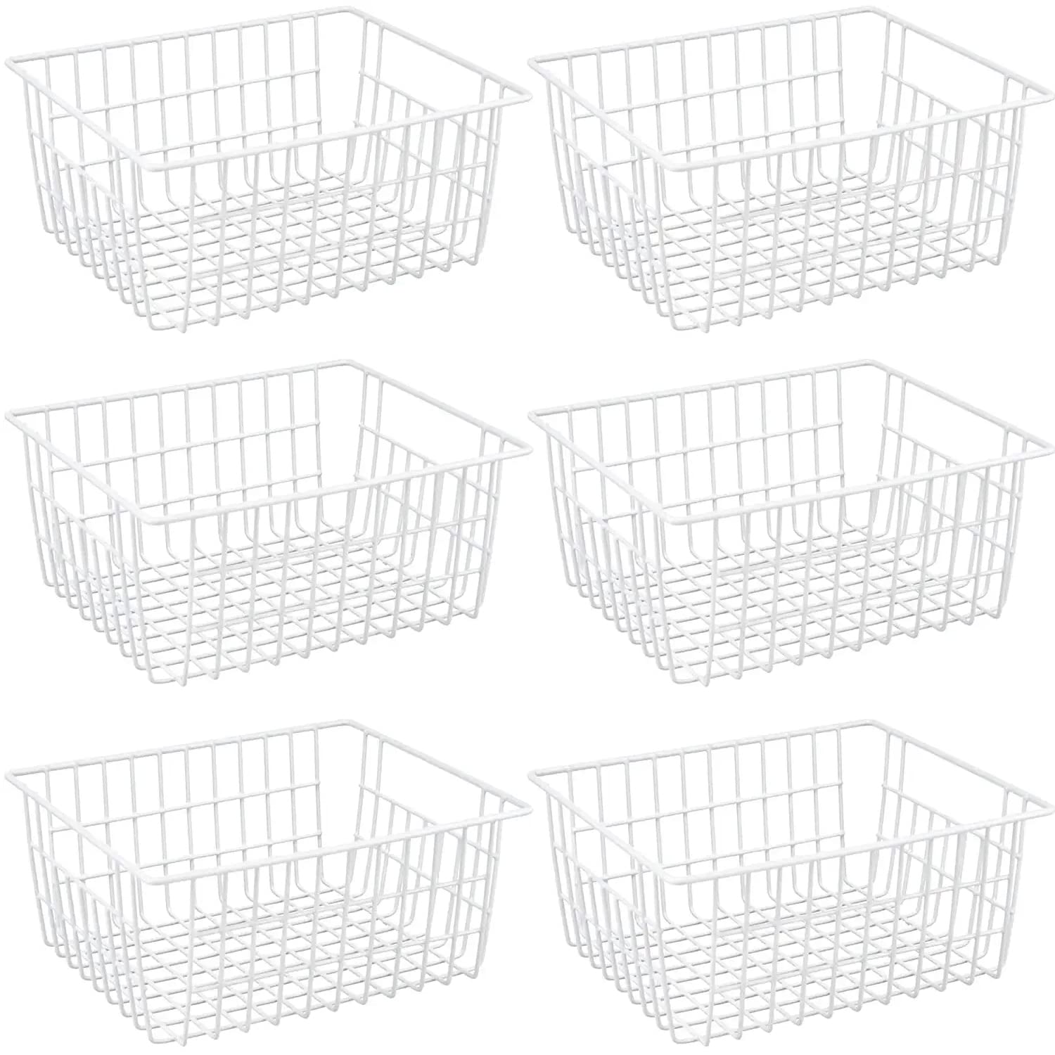 GEDLIRE 6-Pack Metal Wire Storage Baskets with Handles - Organizer Bins for Pantry, Freezer, Refrigerator, Kitchen Cabinet & Laundry - Durable White Household Organization Solution (Perfect for Meal Prep, Grocery Storage & Small Space Organization)