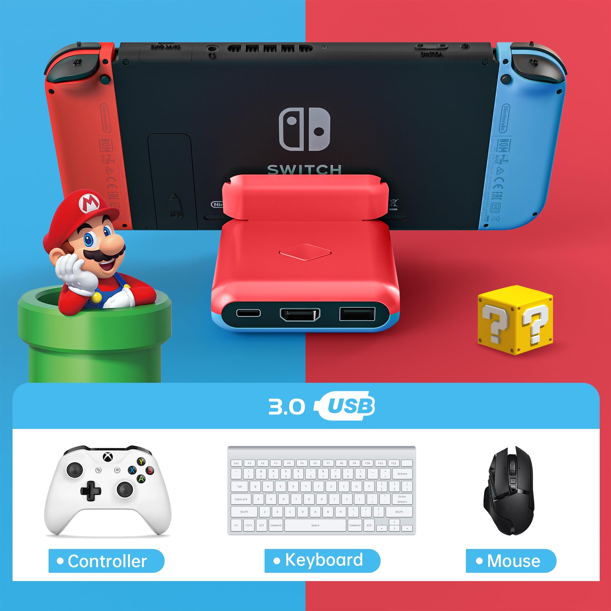 Nintendo Switch & Switch OLED TV Docking Station - 4K/1080P HDMI Adapter with Fast Charging, USB 3.0 & USB-C Ports - Foldable Design (Red/Blue) - Perfect for Home Gaming & Travel Entertainment