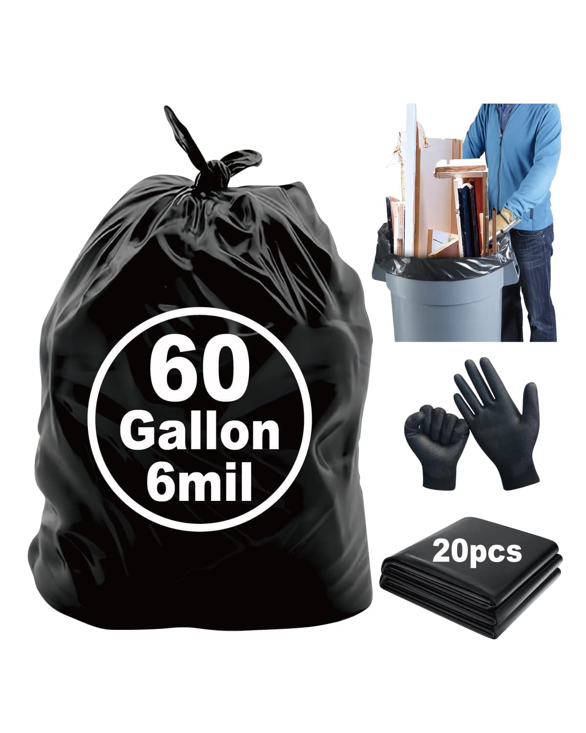 Heavy Duty 55 Gallon Contractor Trash Bags - 6.0 Mil Thick Black Garbage Bags (32