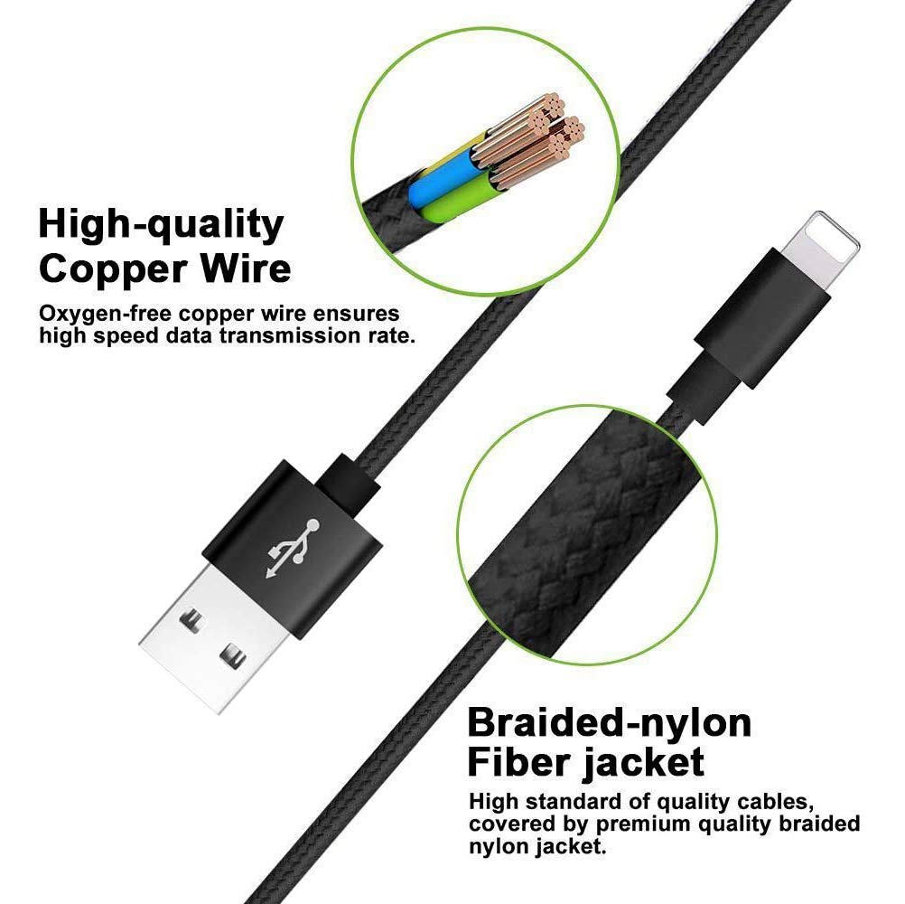 2-Pack 2ft Nylon Braided Fast Charging USB Cable - Compatible with iPhone X/8/7/6/5/SE & More - Durable Phone Charger for Home, Office & Car (Black) | Perfect for Travel, Commuting & Daily Charging