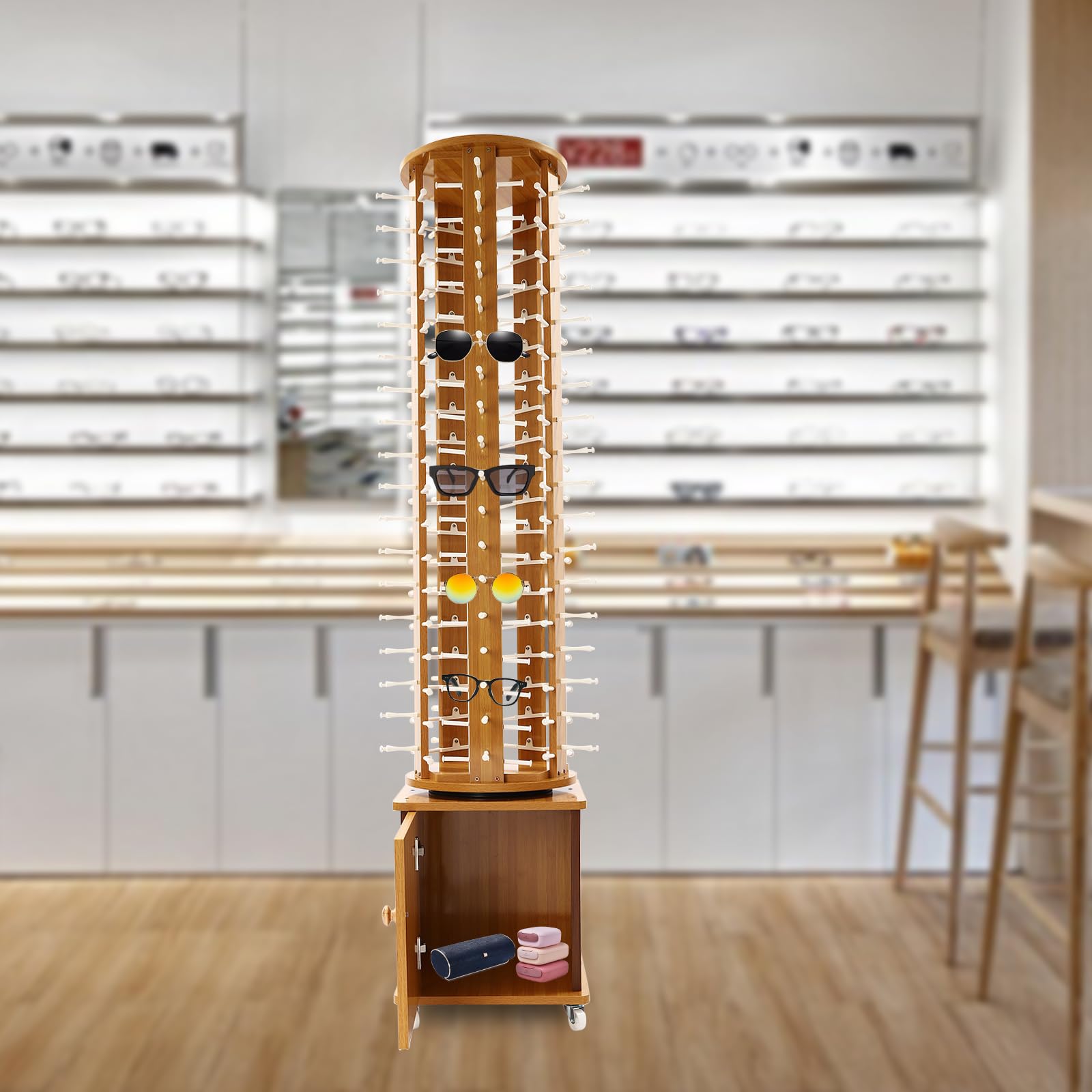 5-Sided Rotating Glasses Display Stand with Wheels - Floor Standing Sunglasses Holder Organizer for 90 Pairs - Perfect for Retail Stores, Optical Shops & Home Eyewear Organization