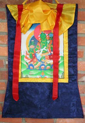 Green Tara Thangka Framed - Handmade Tibetan Buddhist Wall Art for Meditation & Home Decor