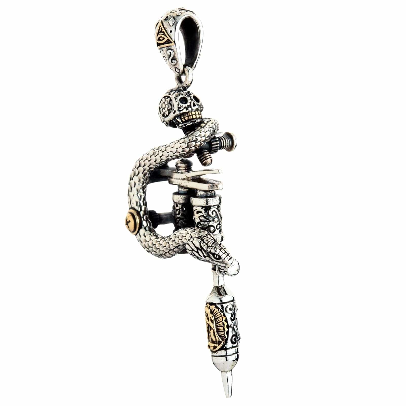 Professional Tattoo Machine Gun Sugar Skull Sterling Silver Pendant - Gothic Jewelry for Men & Women - Perfect for Tattoo Artists, Bikers, and Alternative Fashion Lovers