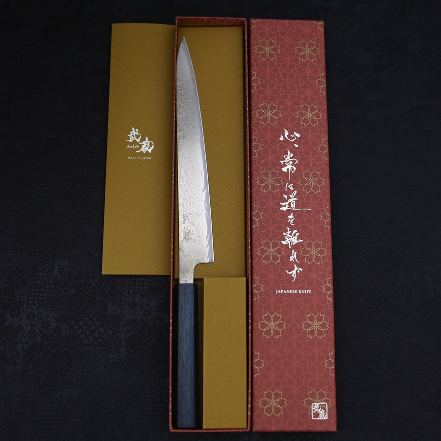 Premium AUS 10 Steel Sujihiki Knife - 240mm Wave Damascus Blade with Dark Blue Urushi Handle - Japanese Sushi & Sashimi Chef Knife for Professional Kitchen & Home Cooking