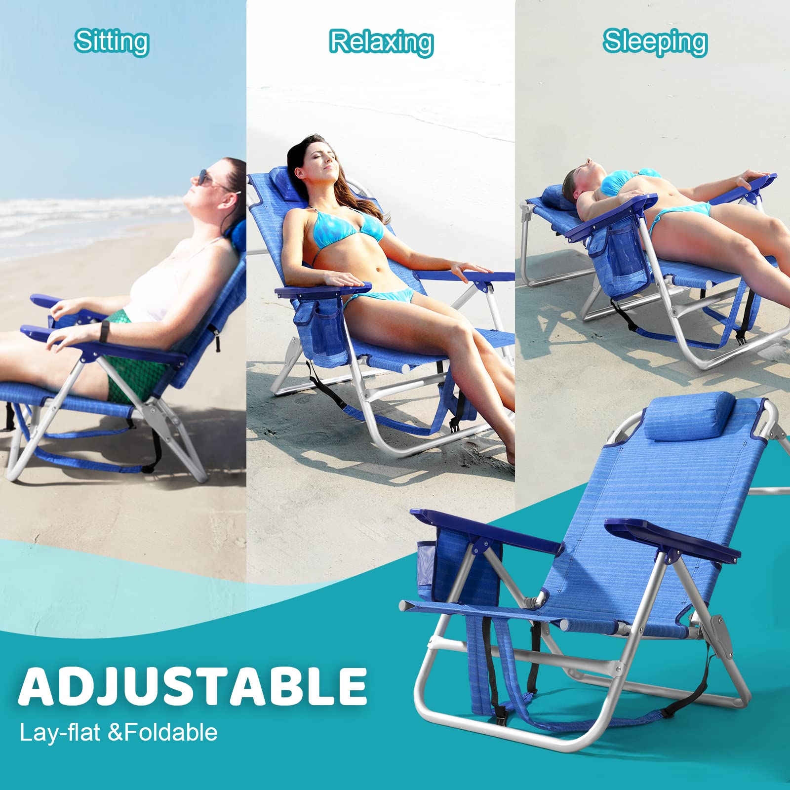 LEMBERI Heavy Duty Folding Beach Chair for Adults - Portable Camping Chair with Large Storage Pockets, Adjustable Cup Holder & Towel Rack - Perfect for Beach, Poolside, Picnics & Outdoor Travel (Navy Blue)