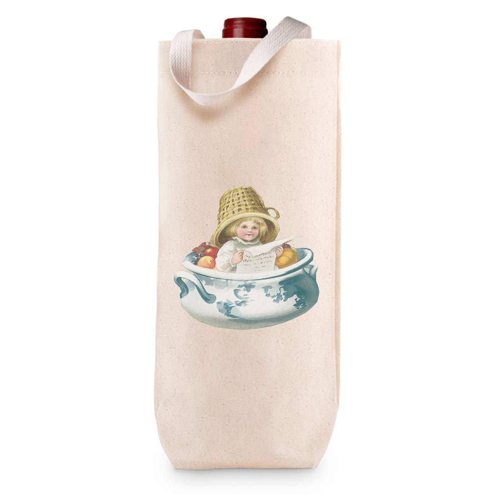 Custom Cotton Wine Gift Bag - Hand-Painted Girl with Basket on Head Design - Perfect for Housewarming, Parties & Wine Gifts - Natural Canvas Tote for Women's Hobbies & Painting Enthusiasts - Great for Gifting, Wine Tasting Events & Home Decor