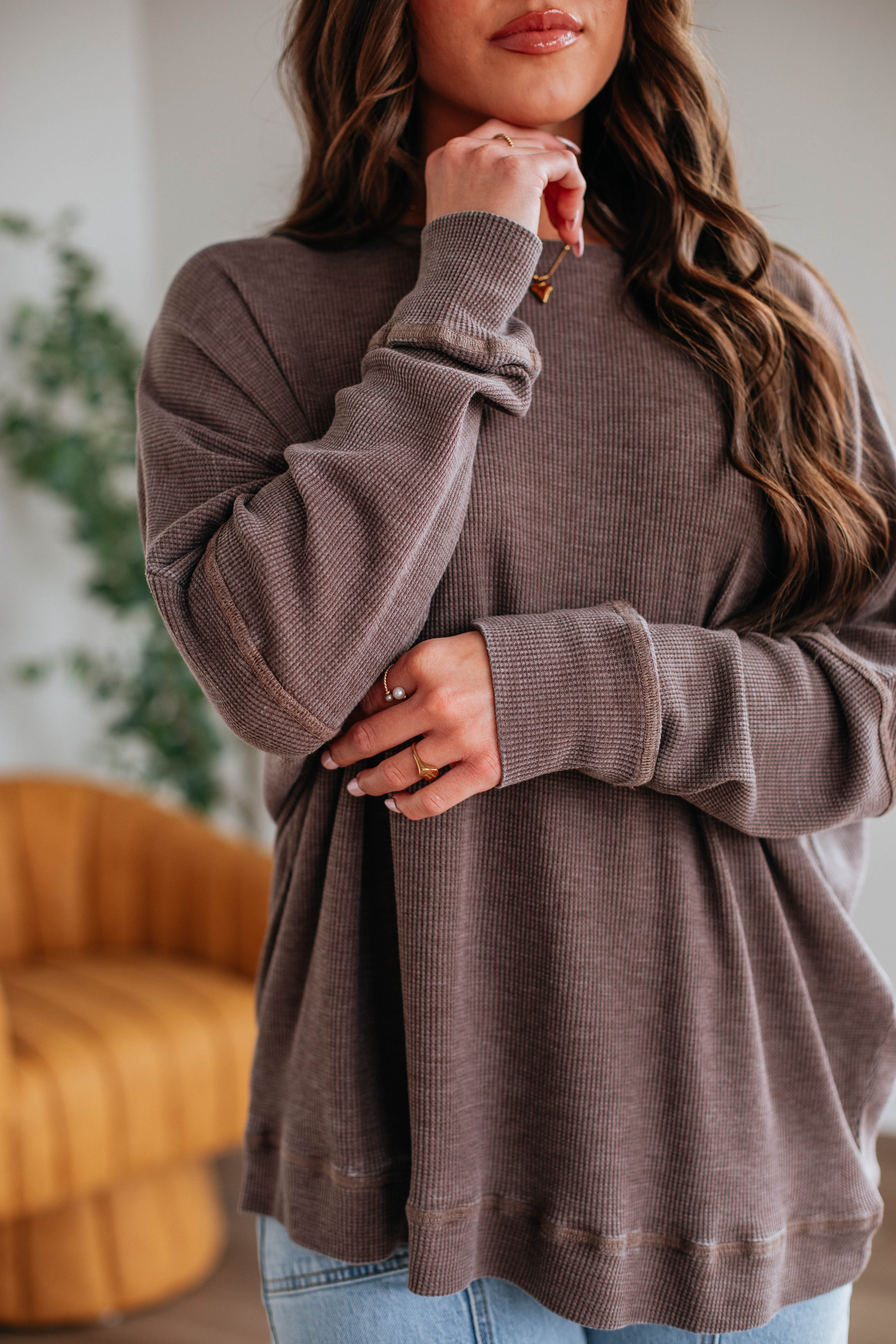 Breathable Waffle Knit Top for Women - Soft Chocolate Brown Long Sleeve Shirt | Perfect for Fall Layering, Casual Outfits & Coffee Dates
