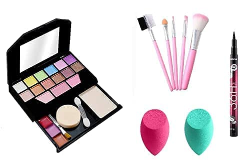 Women's Mini TYA Fashion 5024 Multicolor Makeup Kit with 5 Pink Brushes, Black 36H Eyeliner & 2 Beauty Blenders (9-Piece Set) - Perfect for Travel, Parties & Everyday Makeup