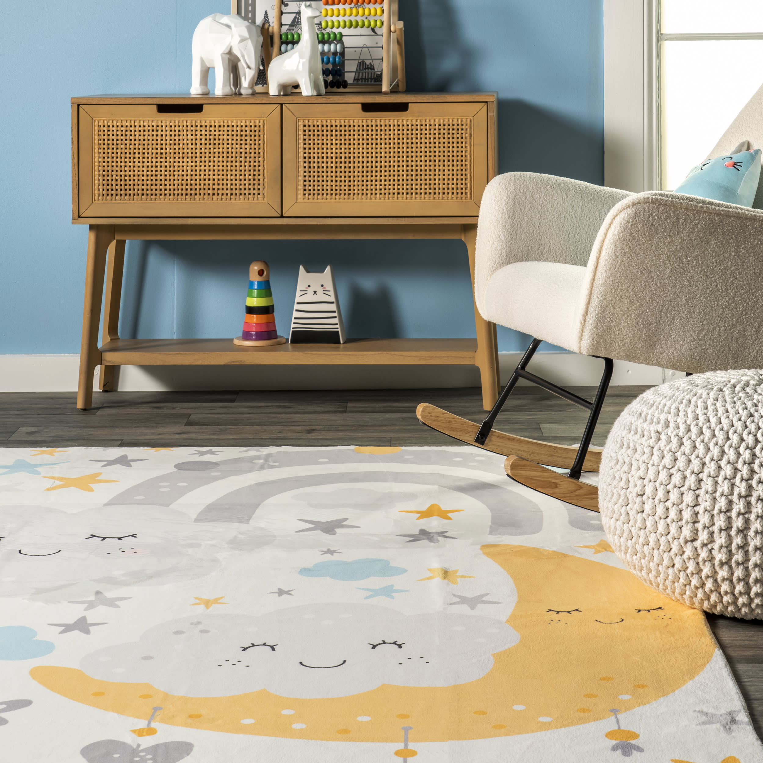 Beatriz Kids Washable Crescent Rug - Soft Non-Slip Nursery Rug for Playroom & Bedroom - White & Multicolor Design for Boys & Girls