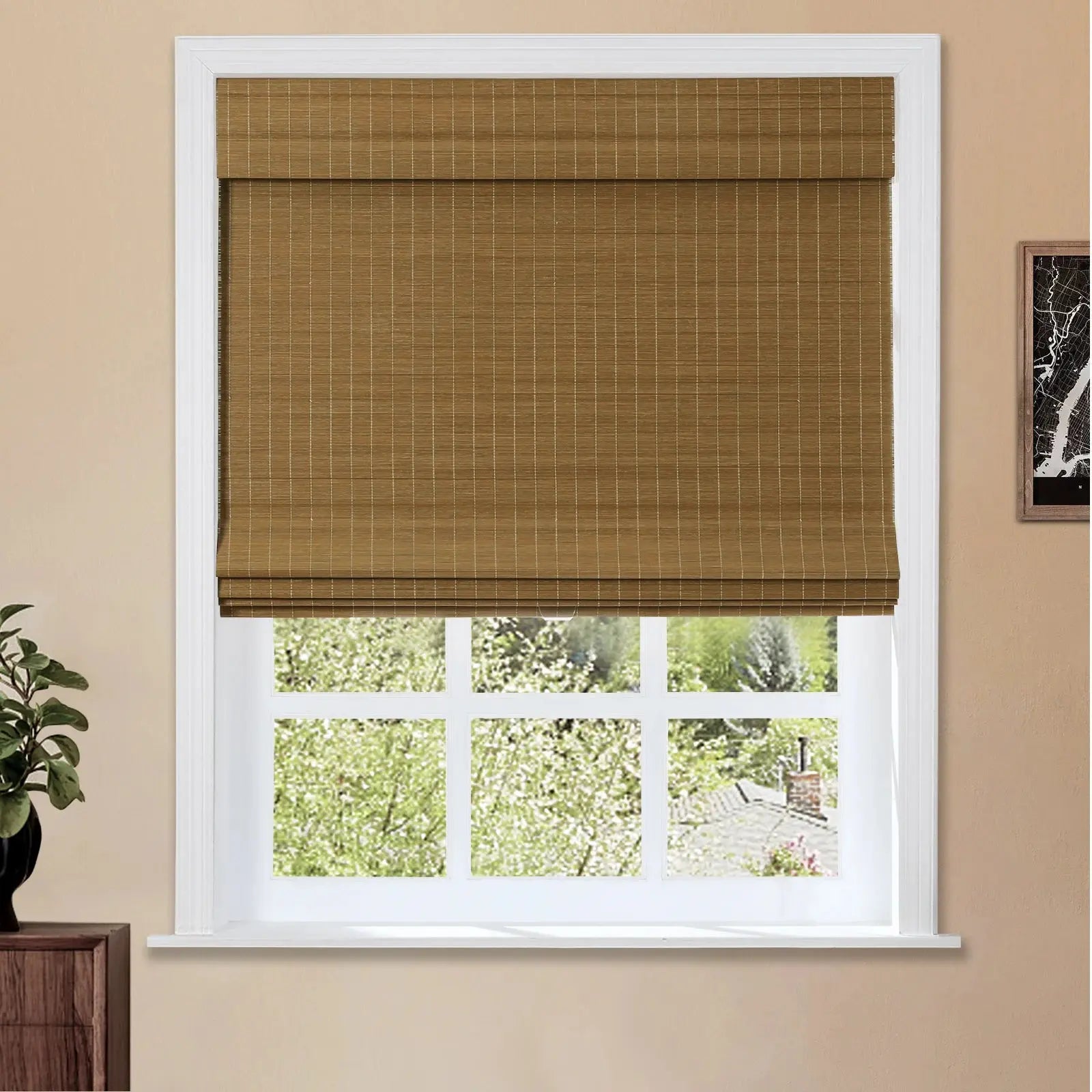 Sybil Bamboo Roman Shade in Cinnamon - Natural Wood Window Treatment for Living Room & Bedroom - Light Filtering & Privacy