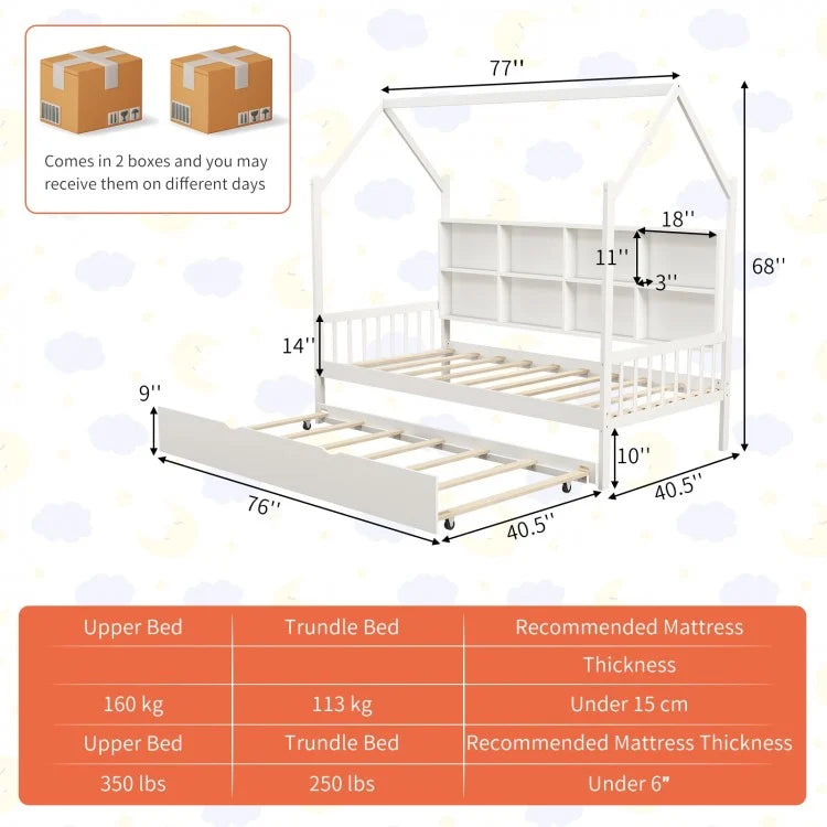 Montessori Twin Size Daybed for Kids with Roof and Storage Shelves - White - Perfect for Bedrooms, Playrooms, and Montessori Learning Spaces