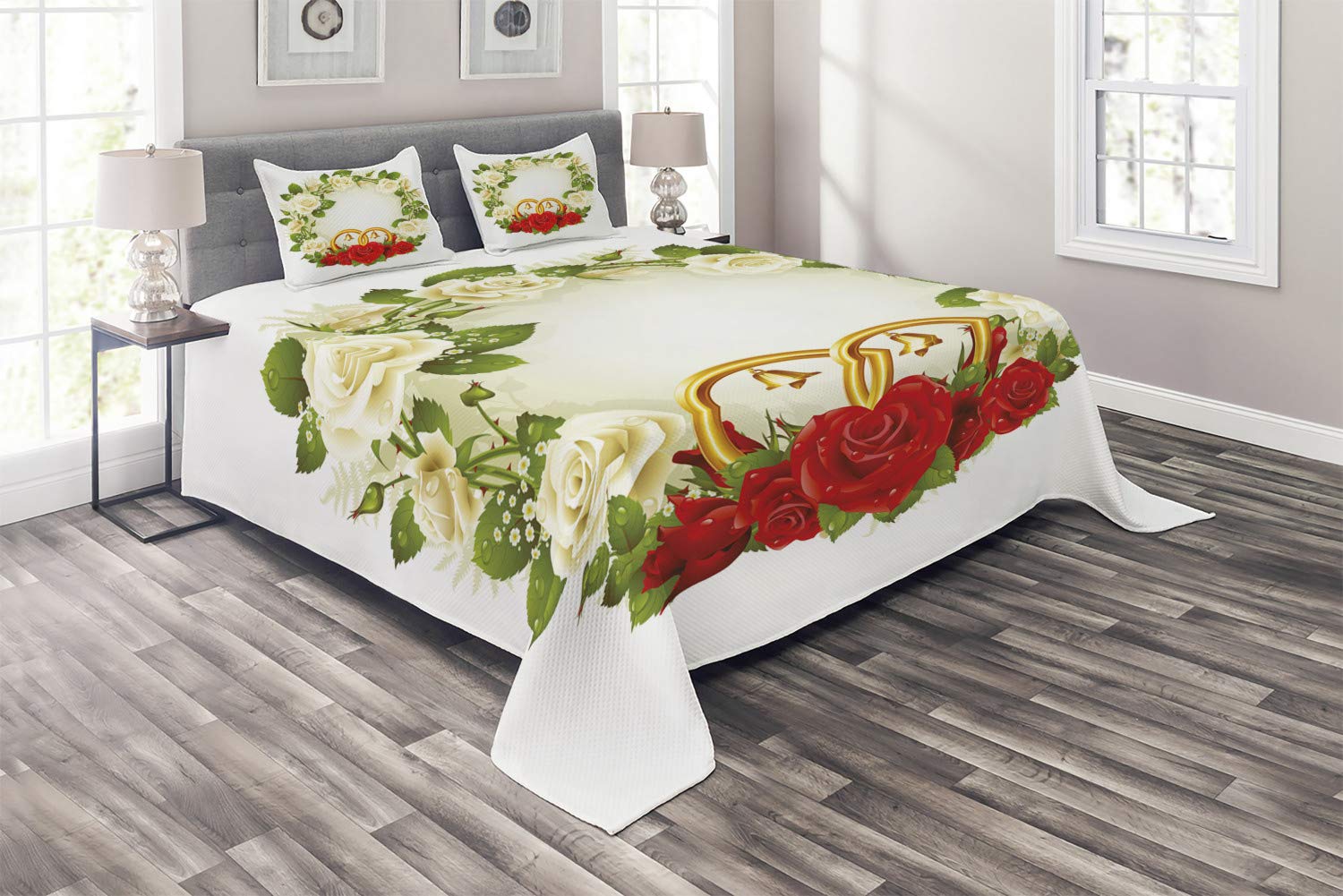 Ambesonne 3-Piece King Size Wedding Quilted Bedspread Set with 2 Pillow Shams - White, Red & Green Rose Floral Design with Wedding Rings for Romantic Bedroom Decor | Perfect for Anniversary Gifts, Honeymoon Suite & Master Bedroom