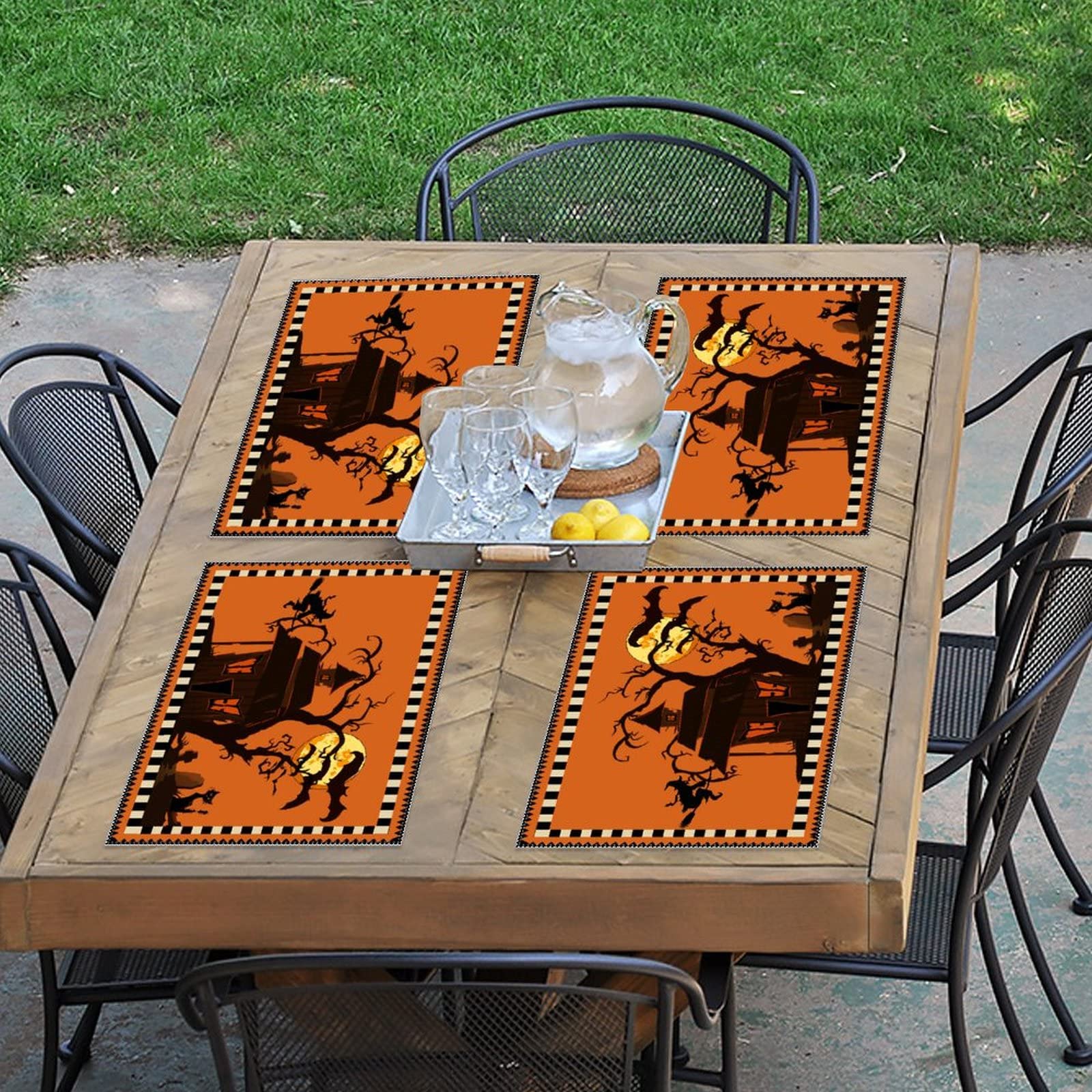 Happy Halloween Placemats Set of 4 - Wicked Pumpkin & Spider Design, Heat Resistant, Washable, Non-Slip Table Mats for Kitchen Dining - Perfect for Holiday Banquets, Fall Decor & Spooky Dinner Parties