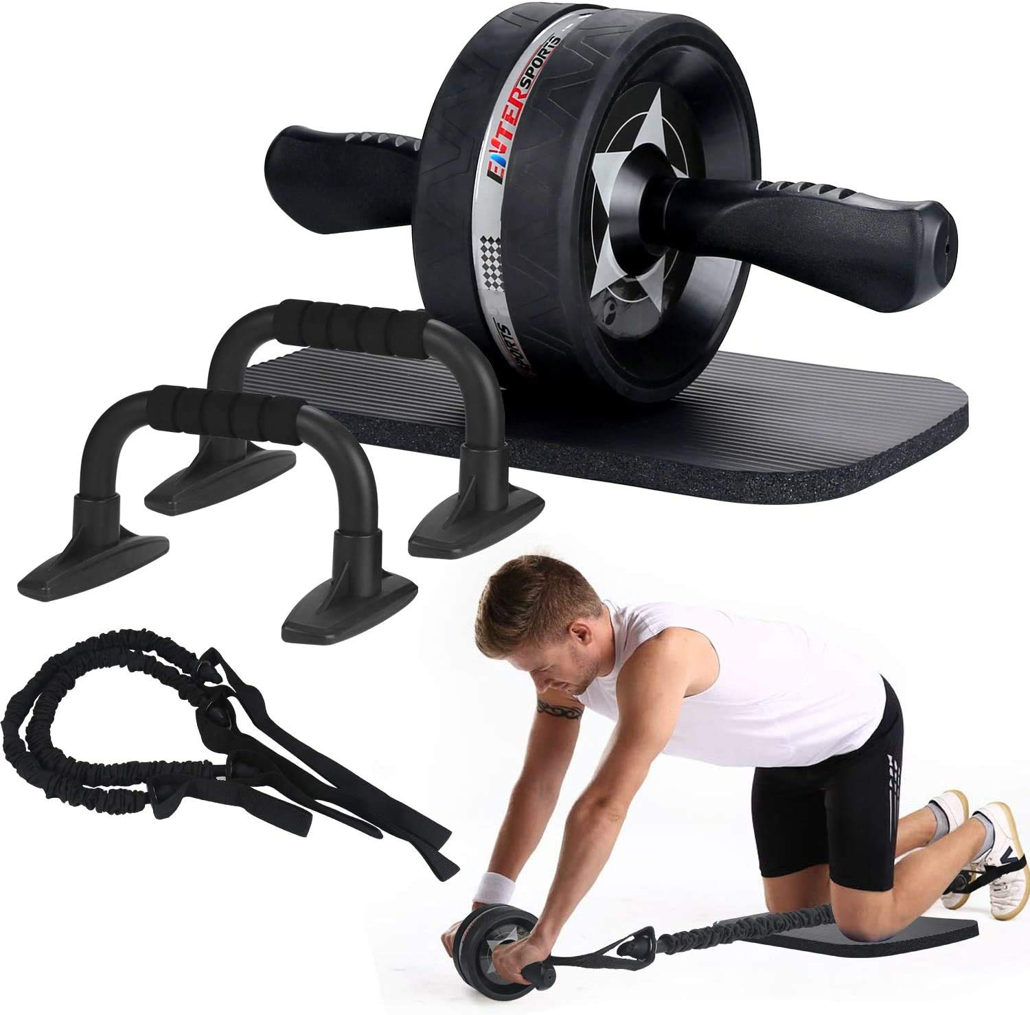 Ab Roller Wheel Kit with Knee Pad, Resistance Bands & Push Up Bars - Home Gym Equipment for Core & Abdominal Workout - Perfect for Strength Training, Fitness Routines & Home Exercise